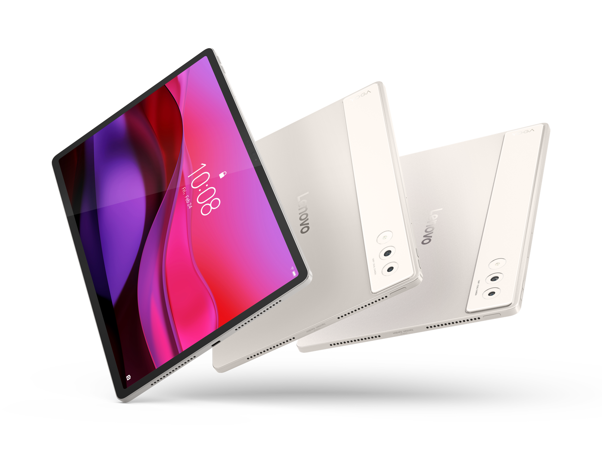 Lenovo'dan üç tablet. Gümüş renkliler ve ekran renkli bir görüntü gösteriyor.