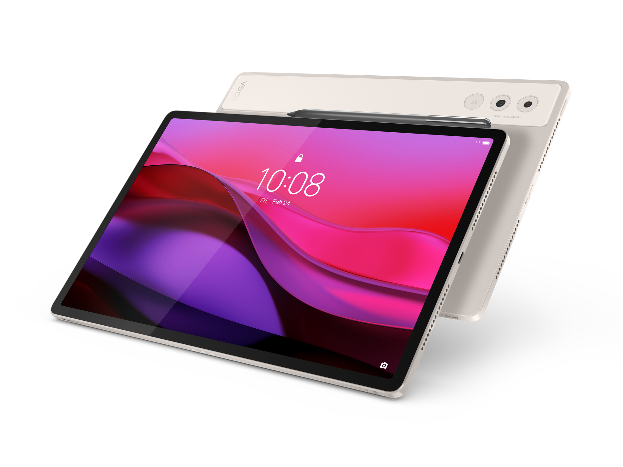 Stiluslu tablet, pembe ekran, saati gösteriyor, siyah zeminde izole.