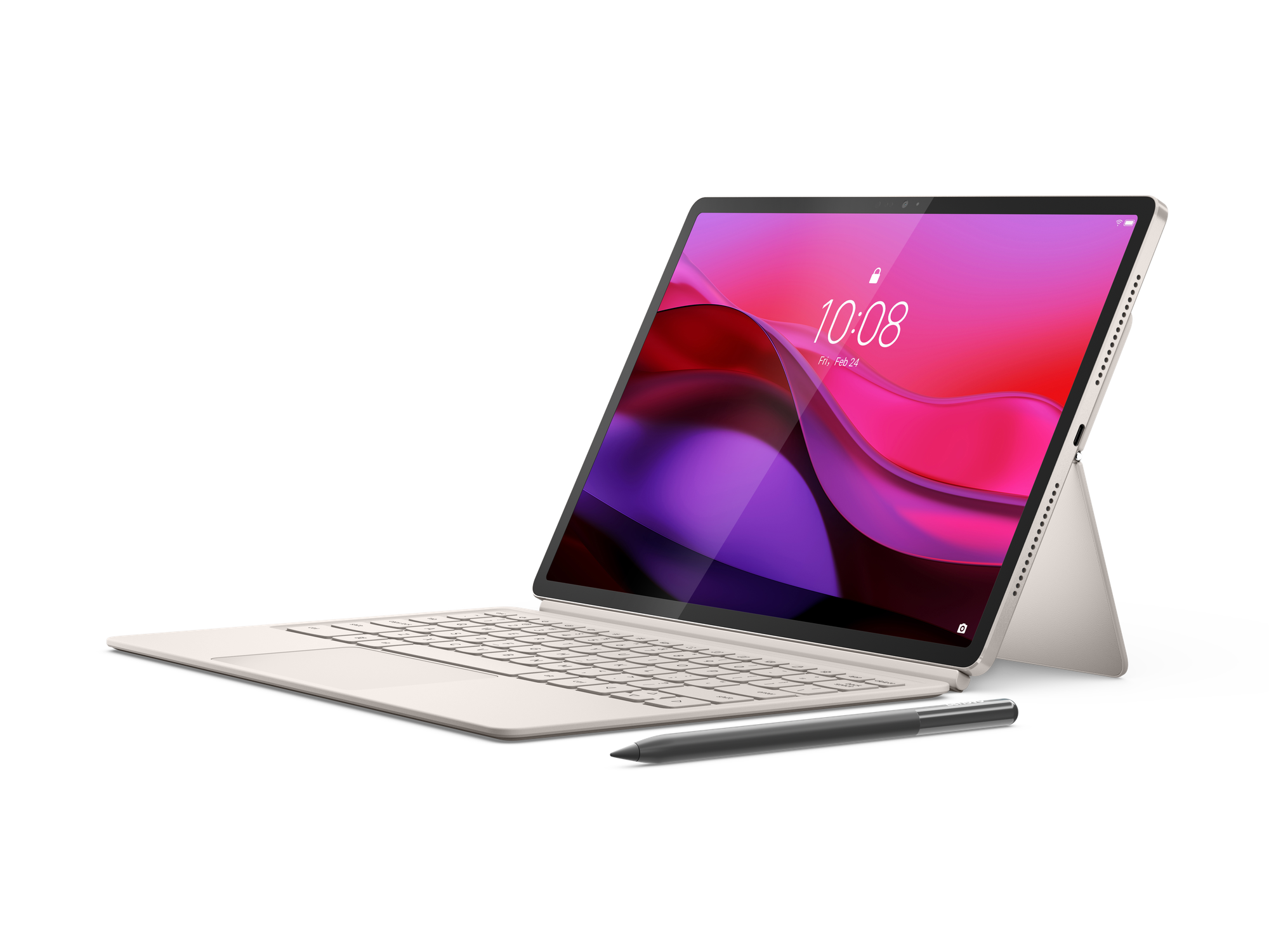 Tablet ve klavye. Siyah ekran ve kalem. Bej rengi. Siyah zemin.