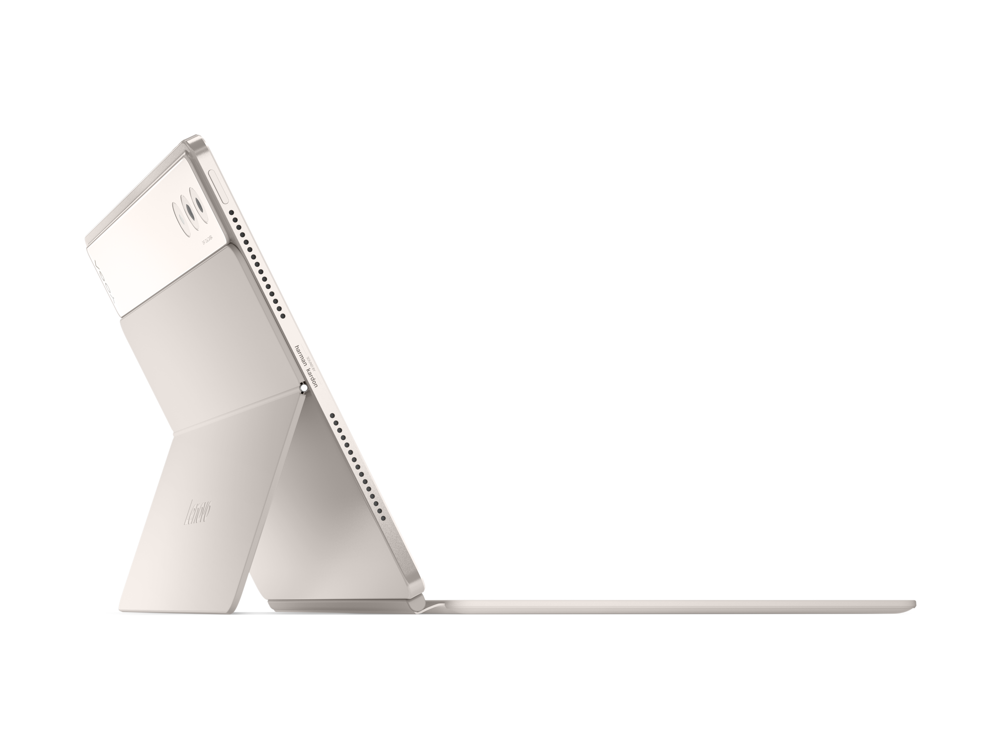 Klavyeli tablet, açılı görünüm, bej rengi.
