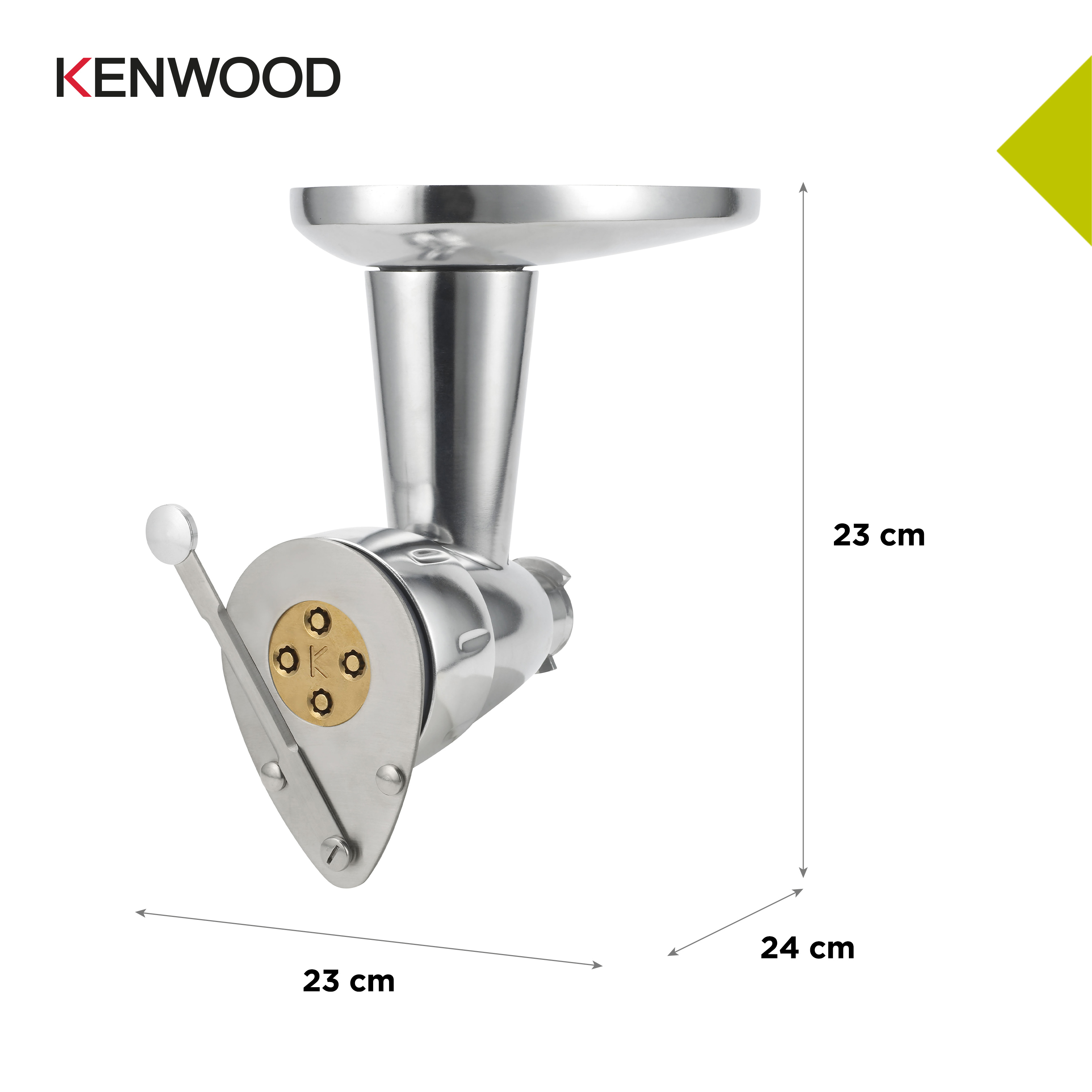 Nahaufnahme eines Kenwood-Nudelmachers mit Maßen: 23cm x 23cm x 24cm, aus Metall.