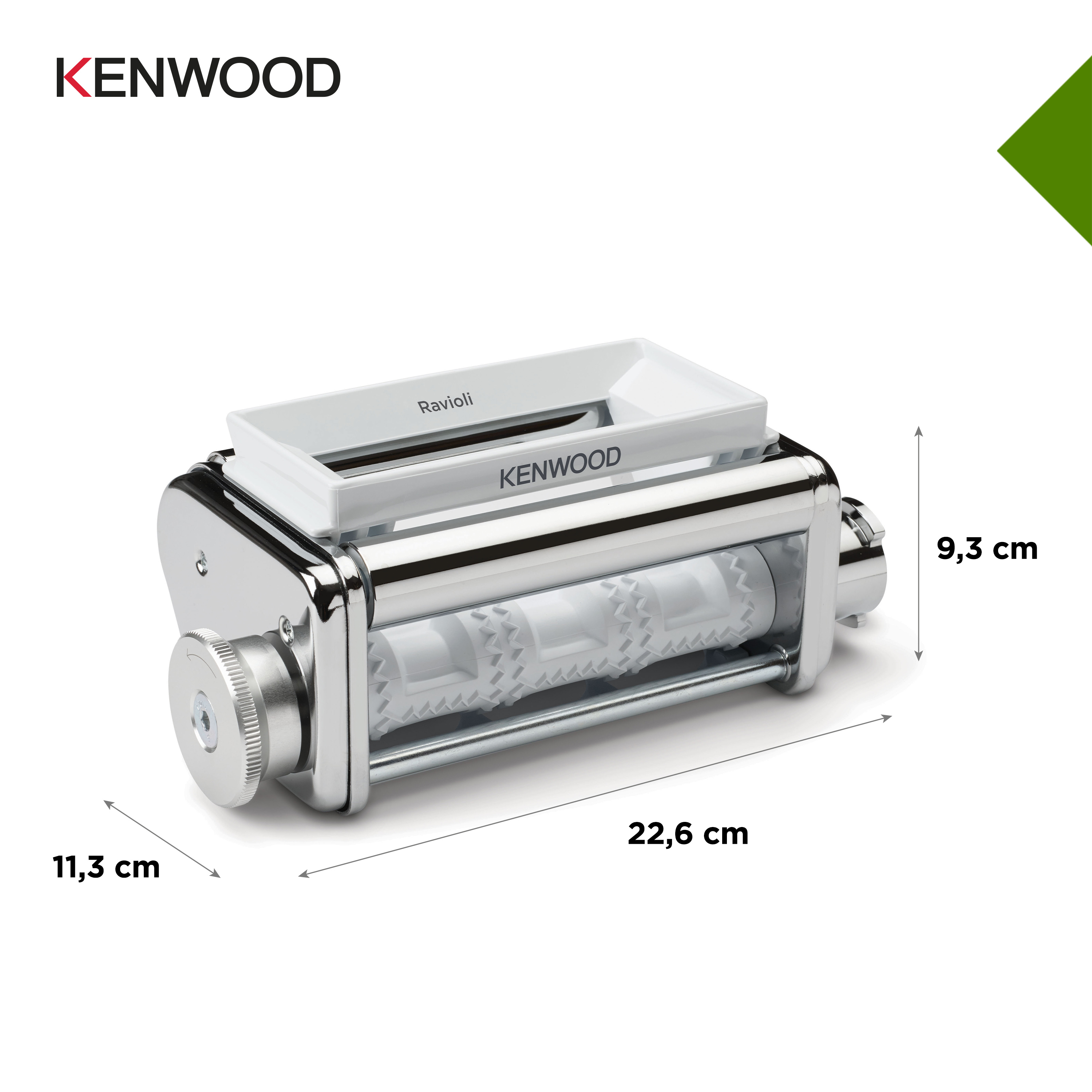 Kenwood-Nudelmaschine. Silber und weiß, mit den Maßen 22,6 cm x 9,3 cm x 11,3 cm.