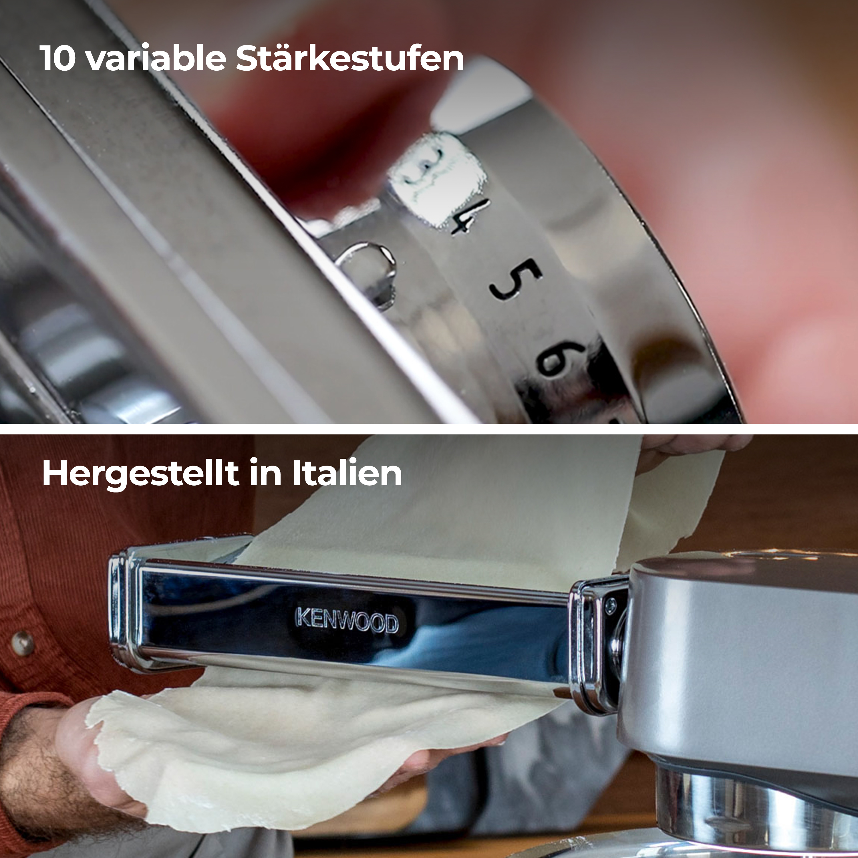Person bedient eine Nudelmaschine; Text-Overlay zeigt Einstellungen und Herkunft.