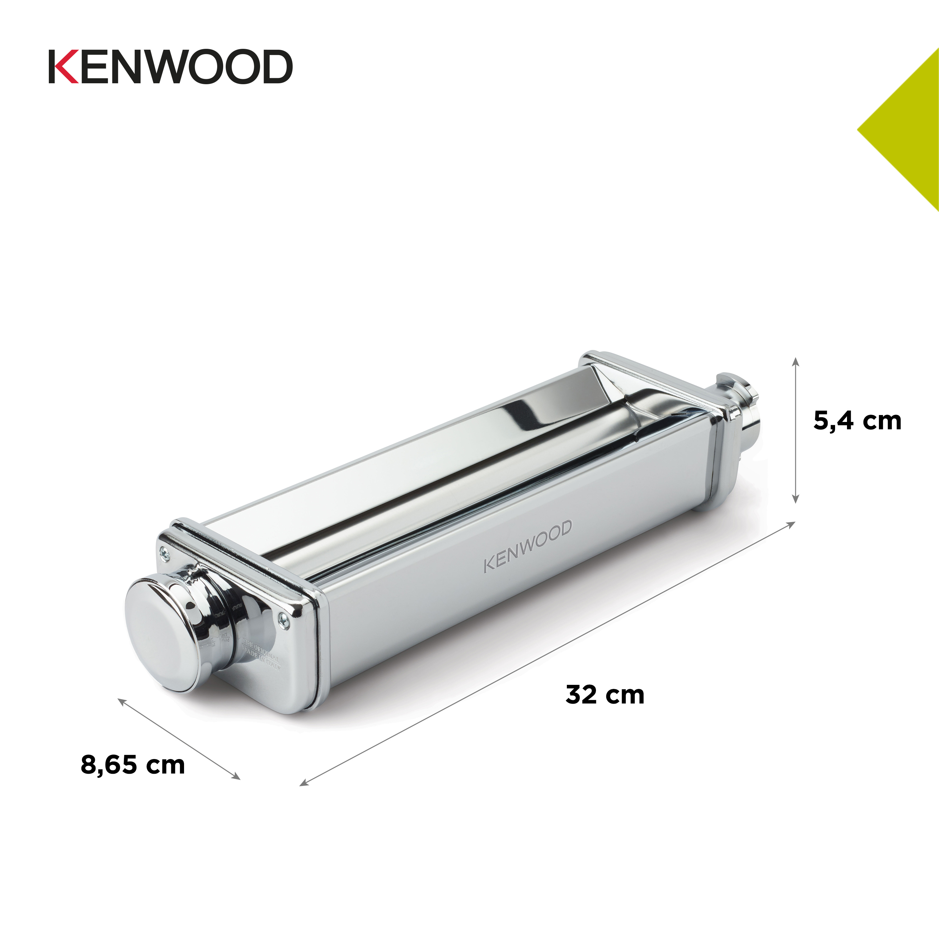 Silberne Pastamaschine. Sie ist rechteckig mit einem Griff an der Seite und Text: Kenwood.