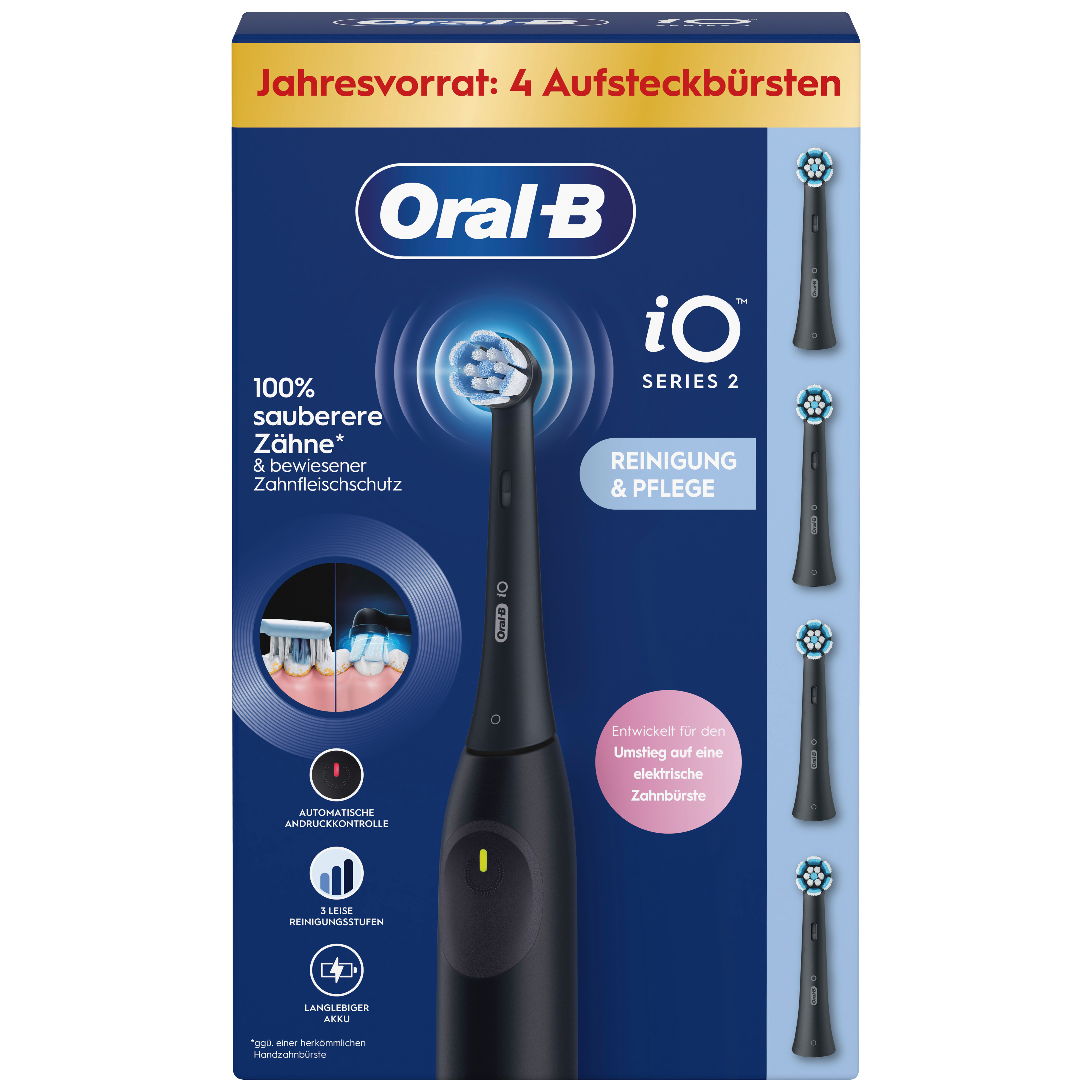 Oral B iO Series 2 elektrische Zahnbürste Box-Set. Schwarze Zahnbürste, Ersatzköpfe und Funktionen.