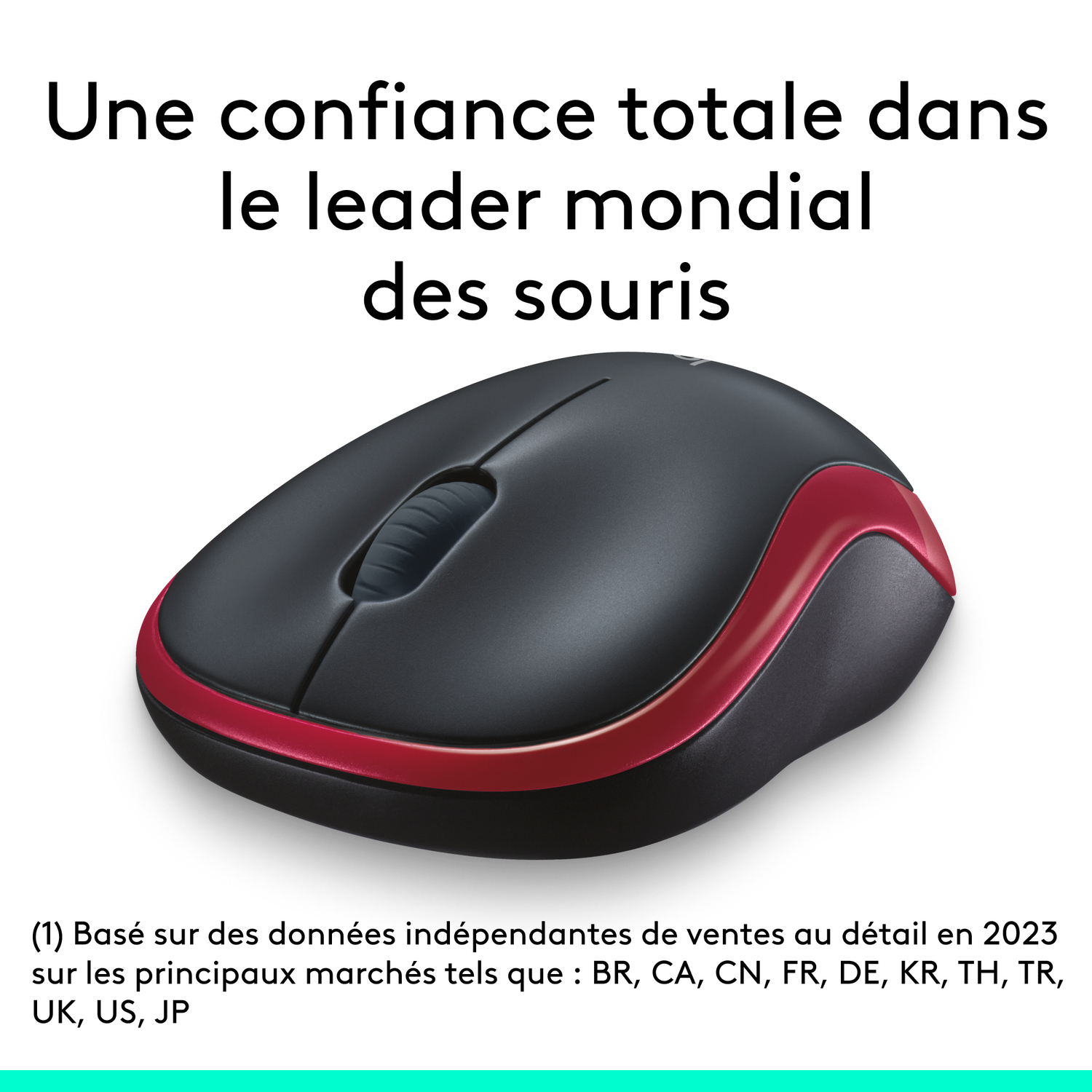 Souris avec corps noir, garniture rouge et texte sur les souris.