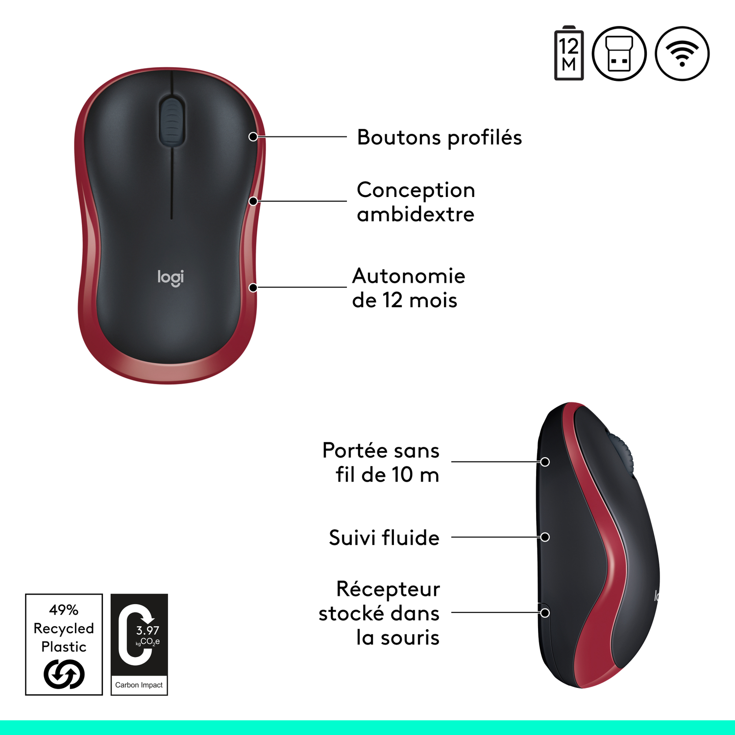 Souris sans fil noire et rouge avec annotations, sur fond blanc.