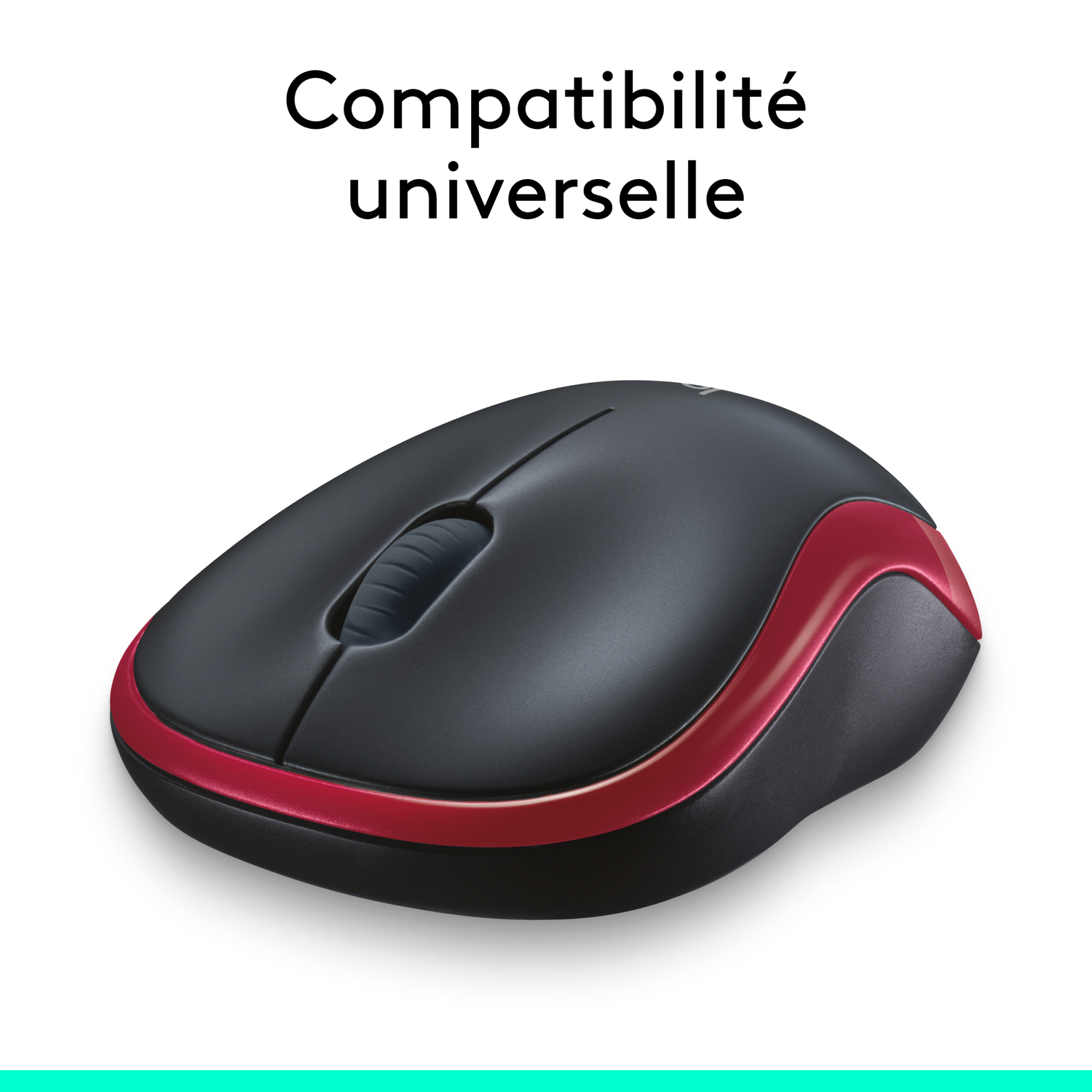 Souris sans fil noire et rouge sur fond blanc, avec le texte 'Compatibilité universelle'.