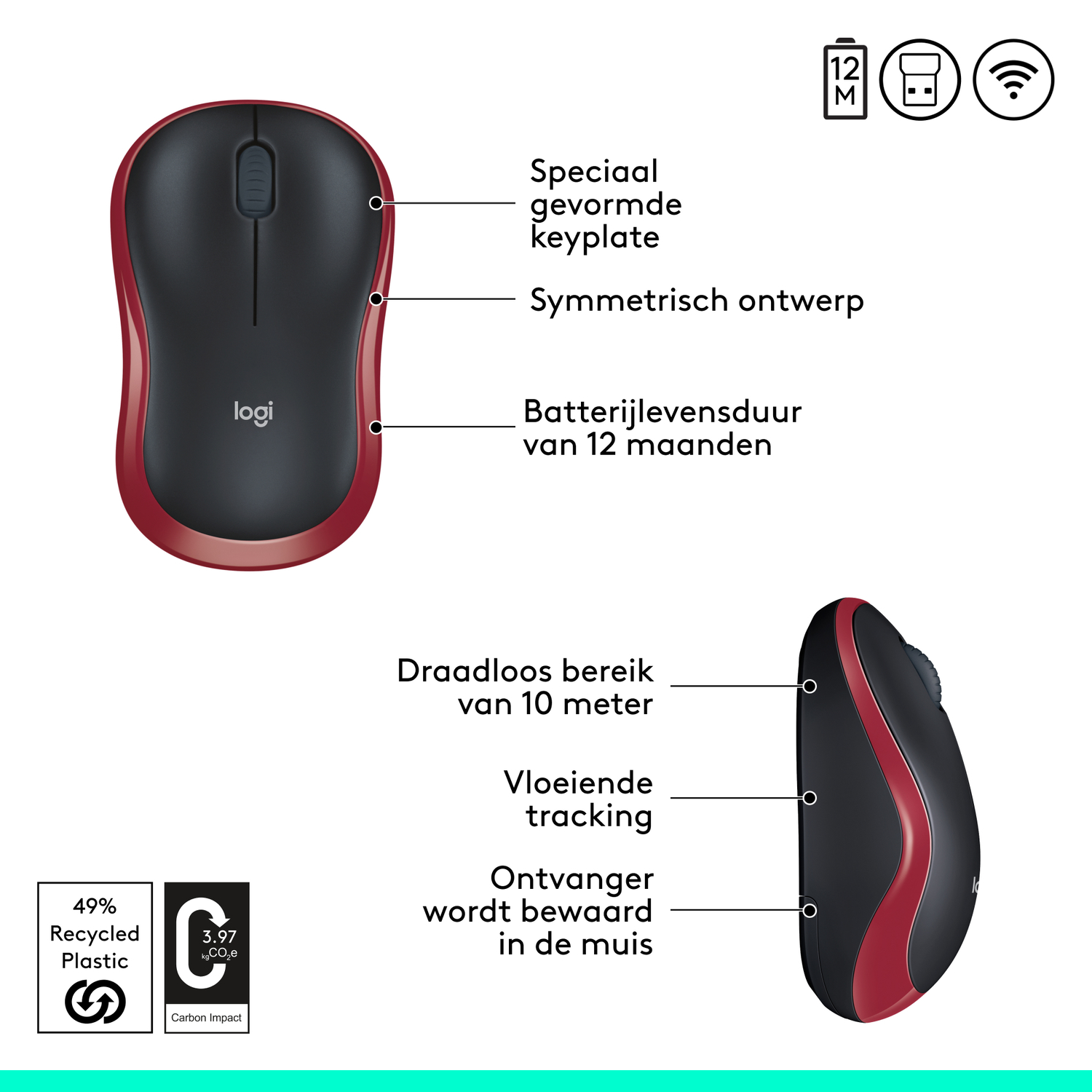 Black and red computer mouse with labels indicating features like battery life.