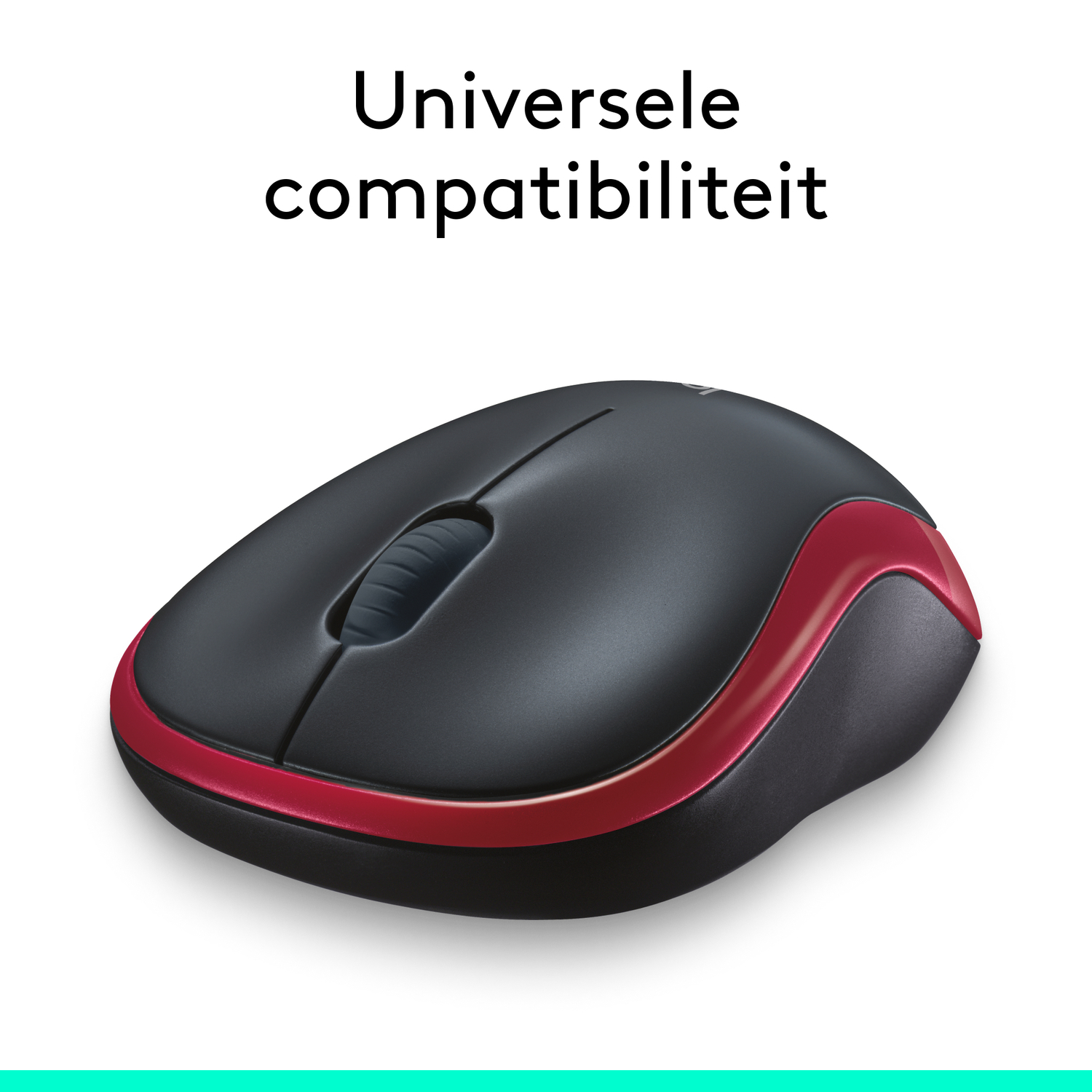 Black and red computer mouse. Text: 'Universele compatibiliteit' in Dutch.