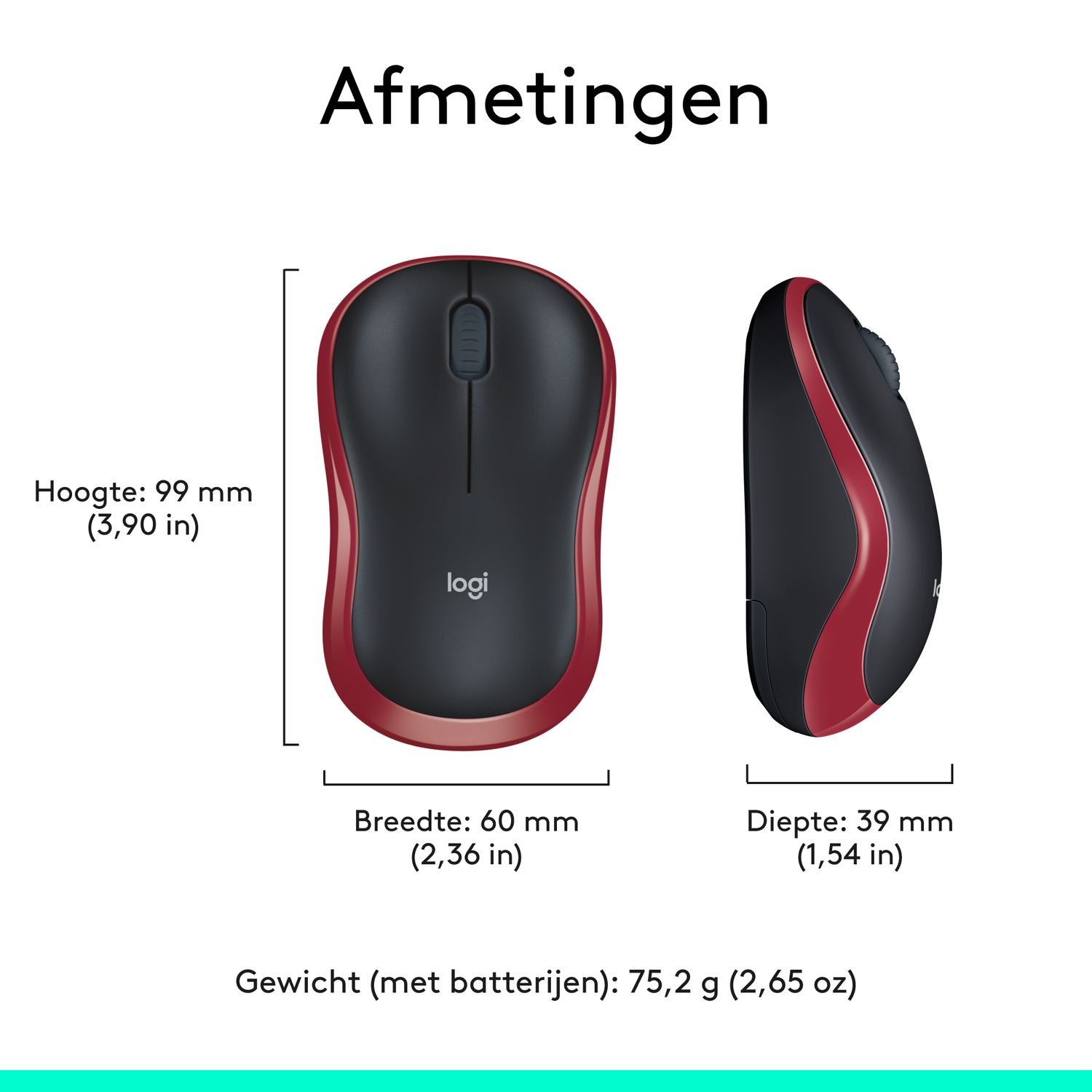 A black and red mouse with measurements: width, height and depth, and weight.
