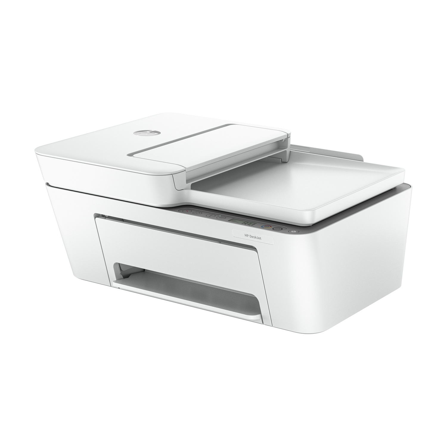 Stampante HP DeskJet bianca, vassoio superiore aperto, su sfondo bianco, vista angolata.