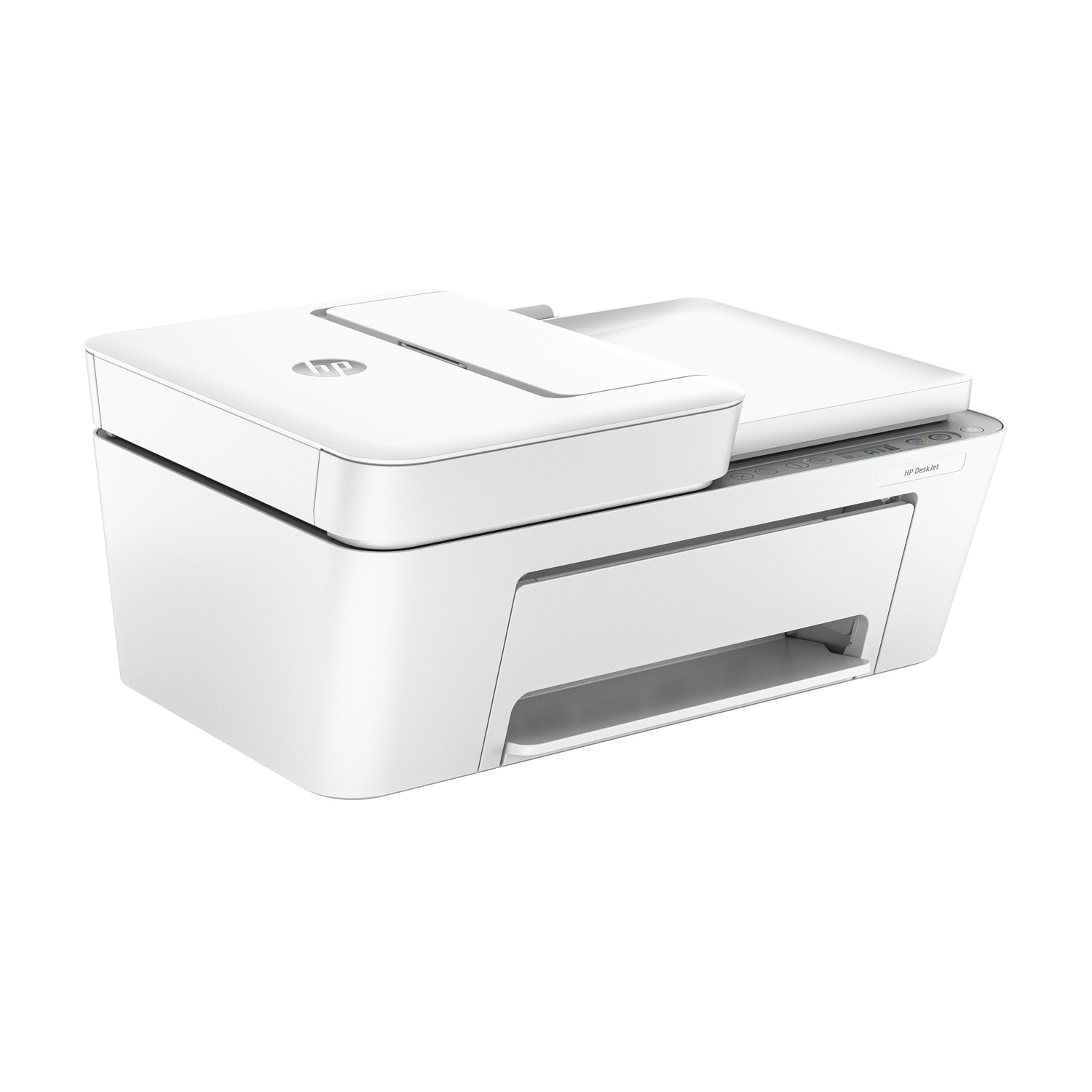 Stampante HP DeskJet bianca, vassoio superiore aperto, su sfondo bianco.