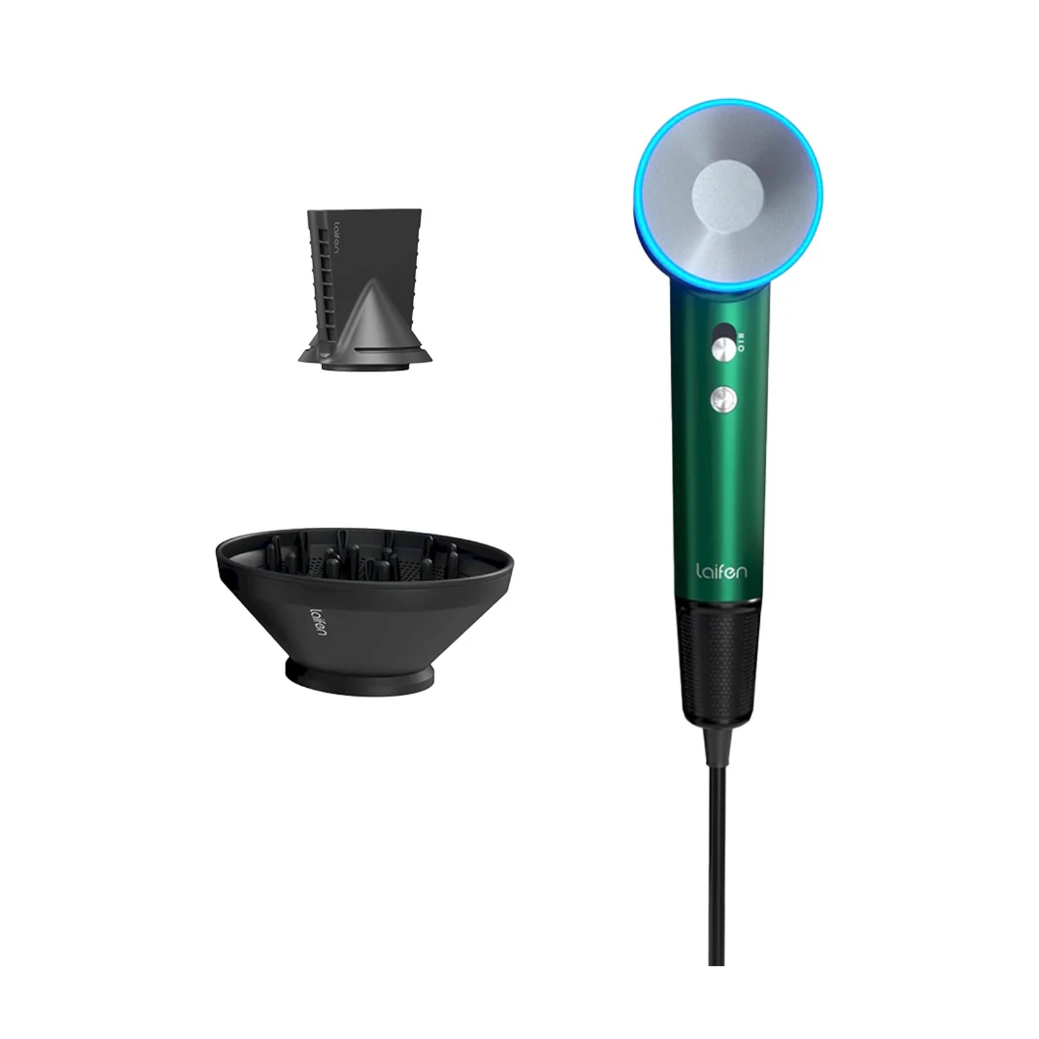 Asciugacapelli verde e argento con tre accessori. Schema di colori nero e verde.