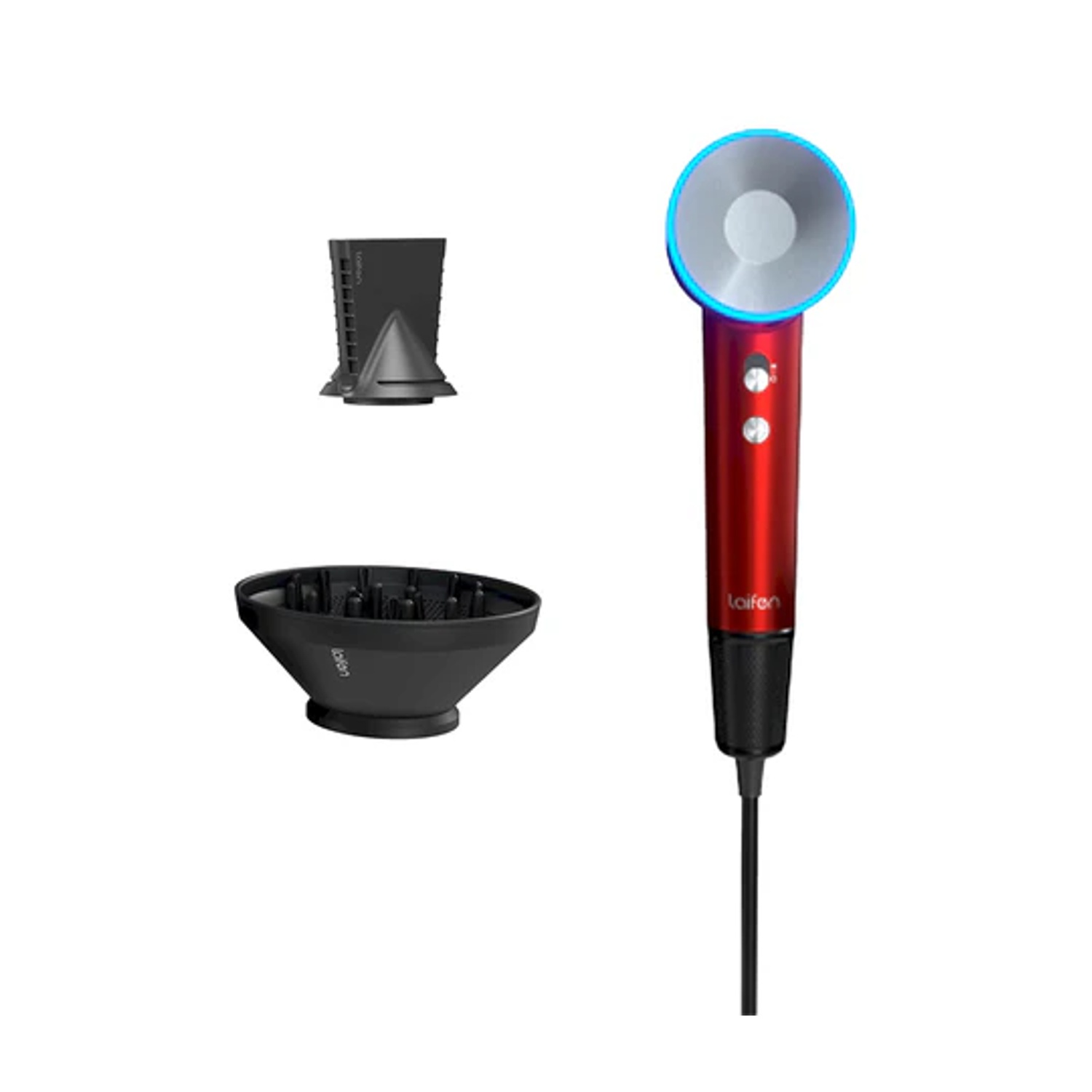 Asciugacapelli rosso con accessori. Tre accessori visibili. Sfondo bianco.