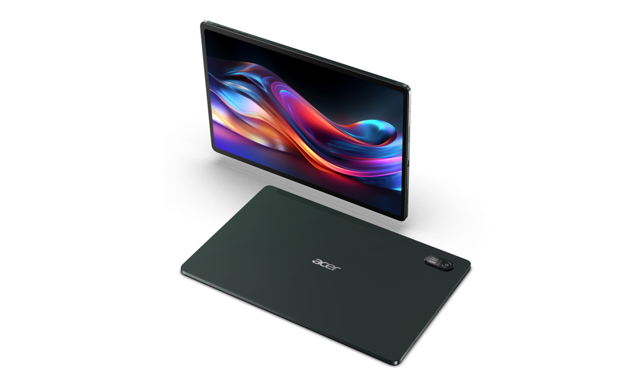 Ein Tablet wird aus zwei Blickwinkeln gezeigt: der Bildschirm mit farbenfrohen Grafiken und die Rückseite.