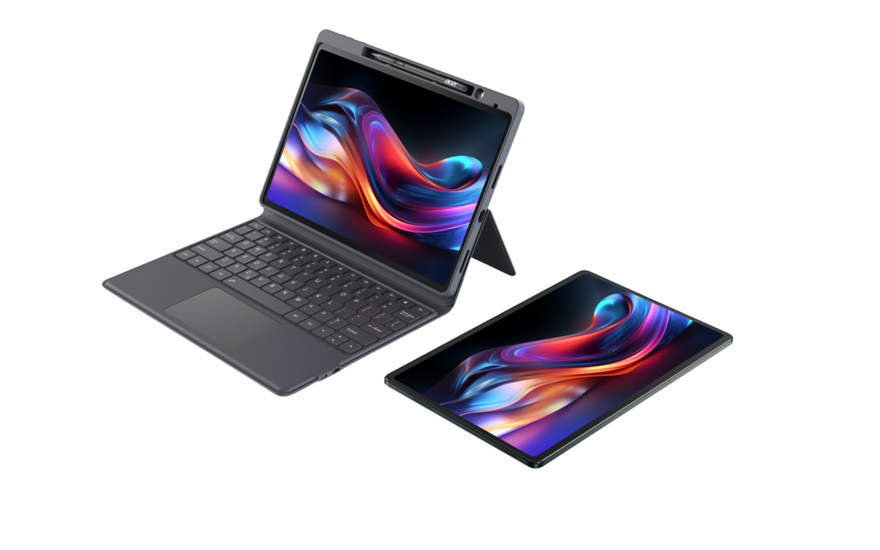Tablets mit Tastatur, eines auf einem Ständer und eines flach, farbenfrohes Display.