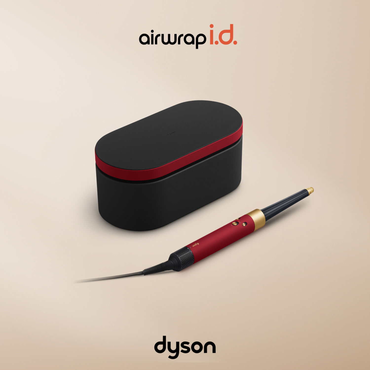 Dyson Airwrap styler and case on a beige background, red and black colors.