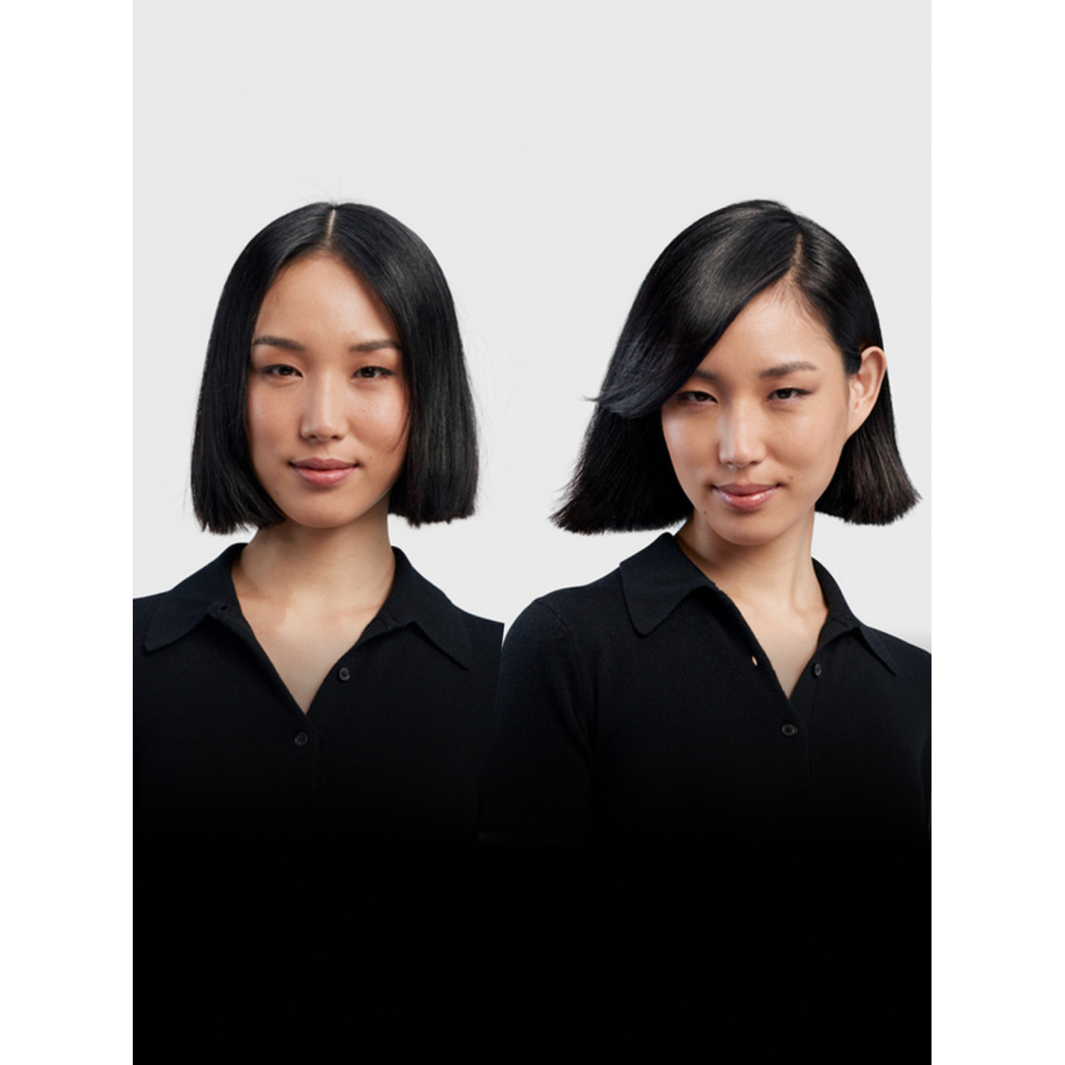 Two women with short black hair. One has a side part and the other has a middle part.