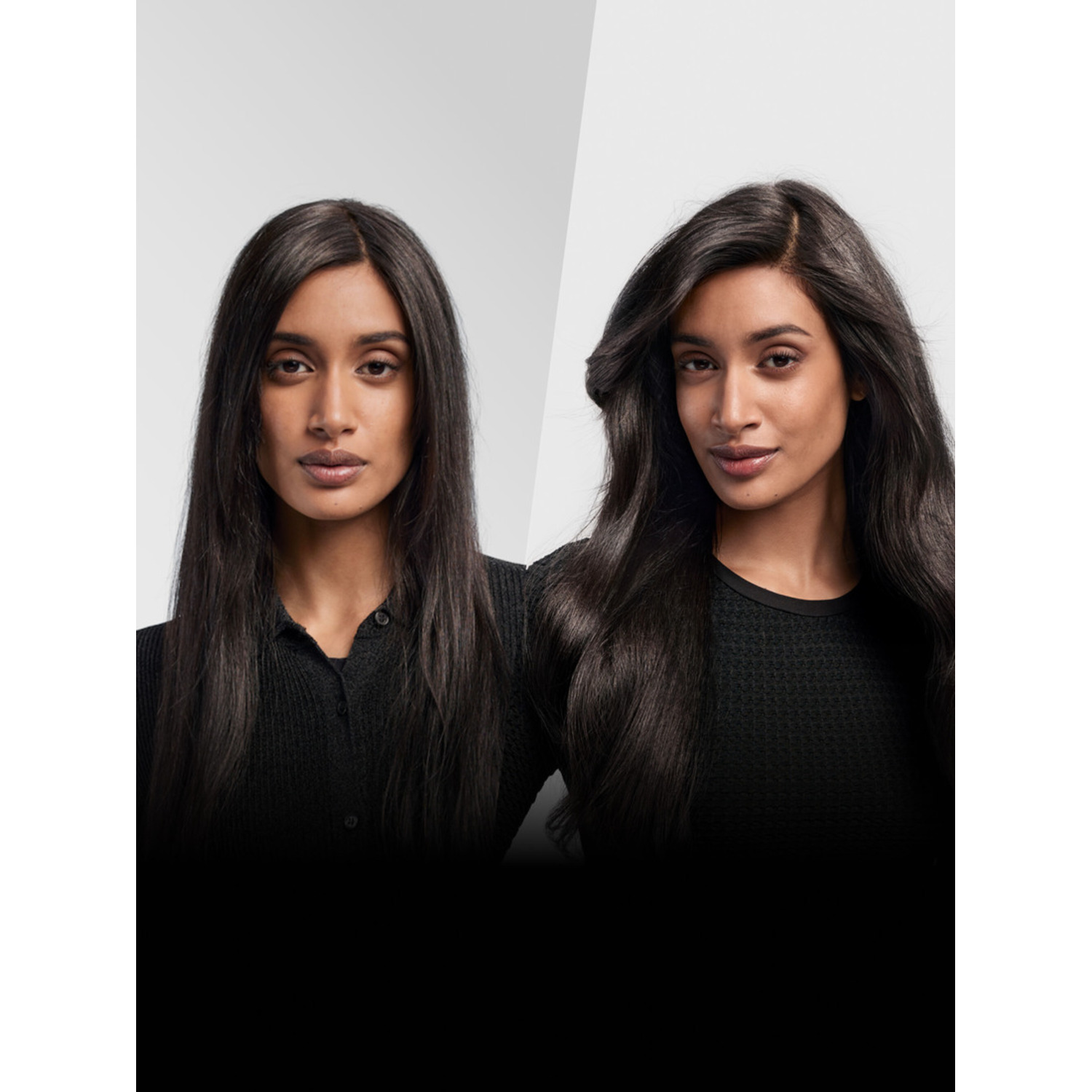 Two women with long black hair, styled differently.