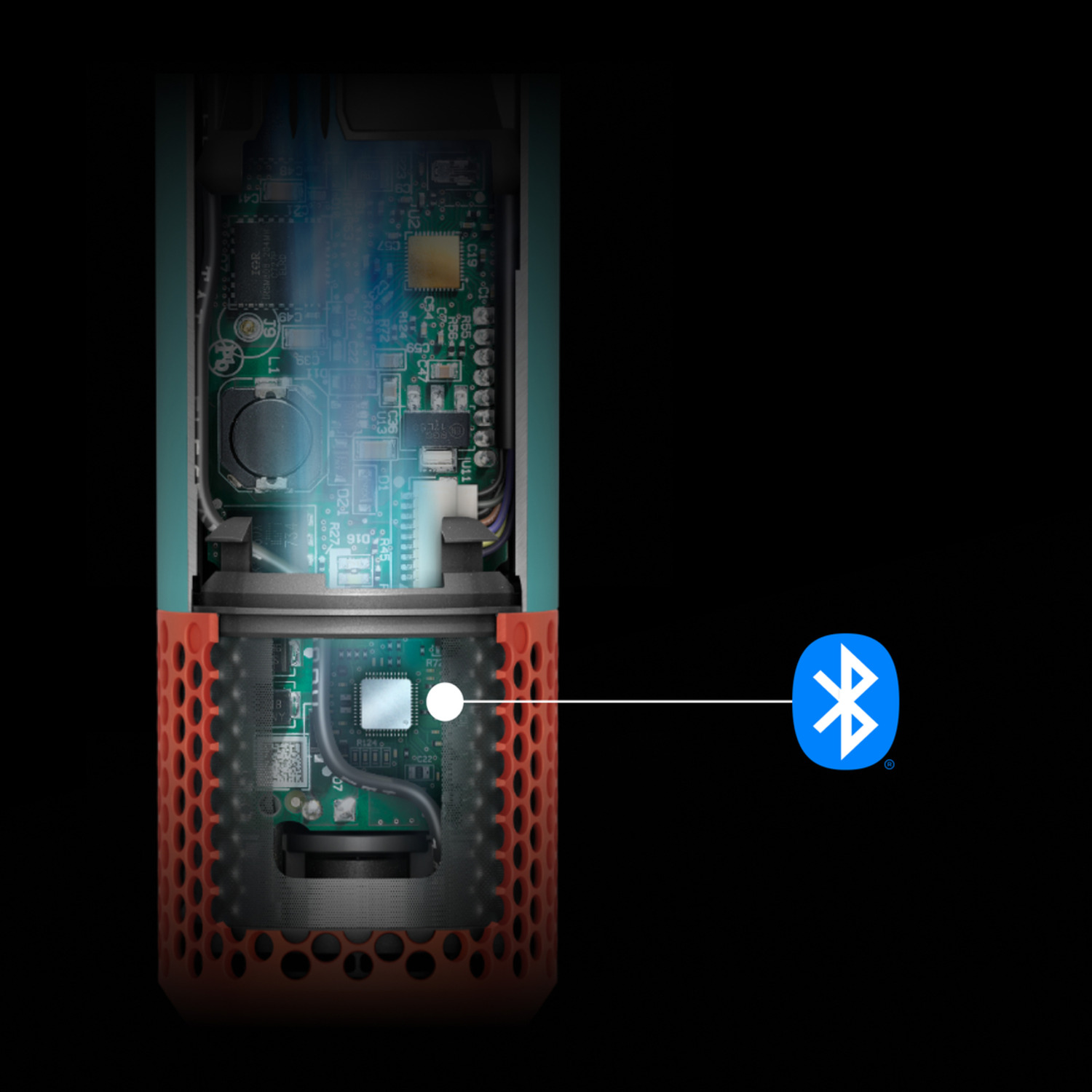 Cutaway view of a speaker showing internal components and the Bluetooth logo.