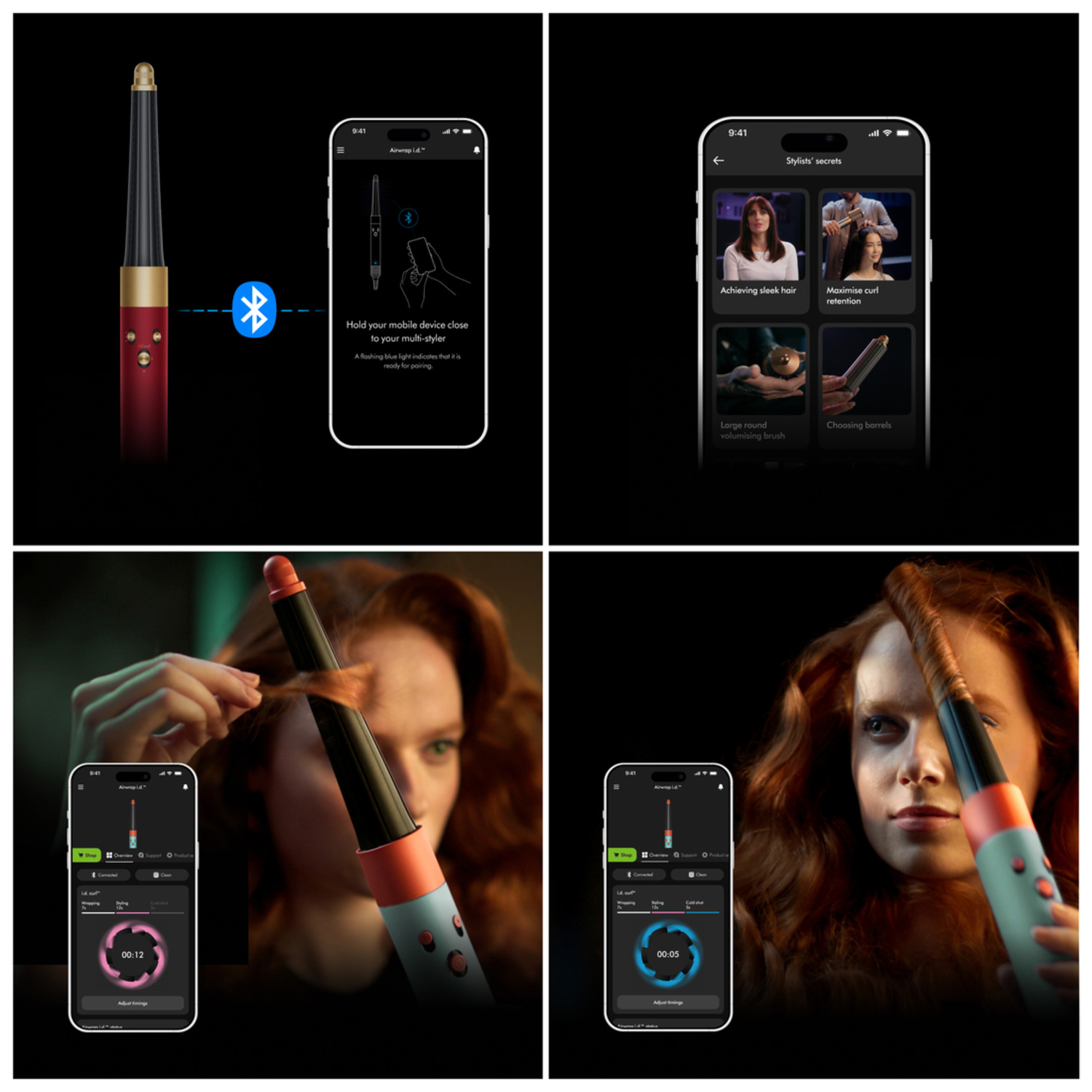 Four images of a curling iron and a phone. One shows connection via bluetooth, others style hair.