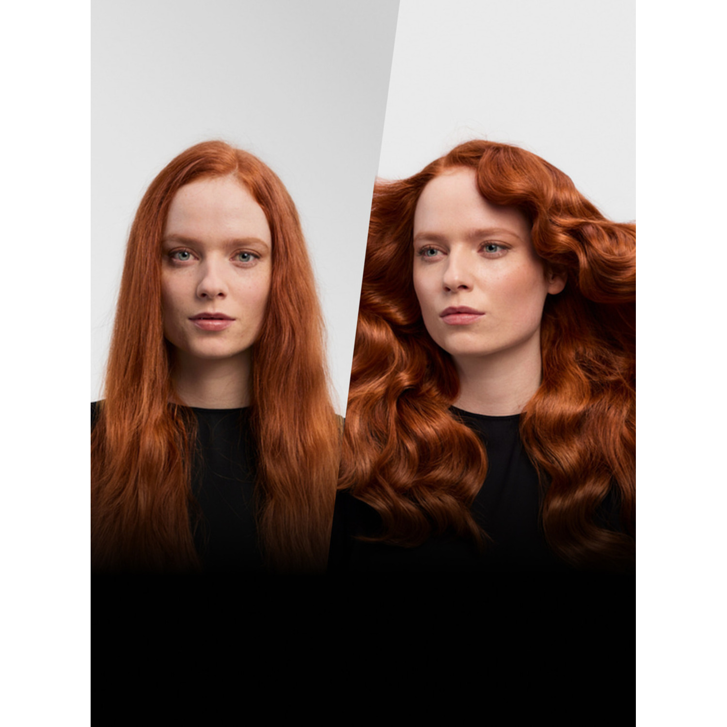 Woman with straight red hair, then styled with voluminous waves.