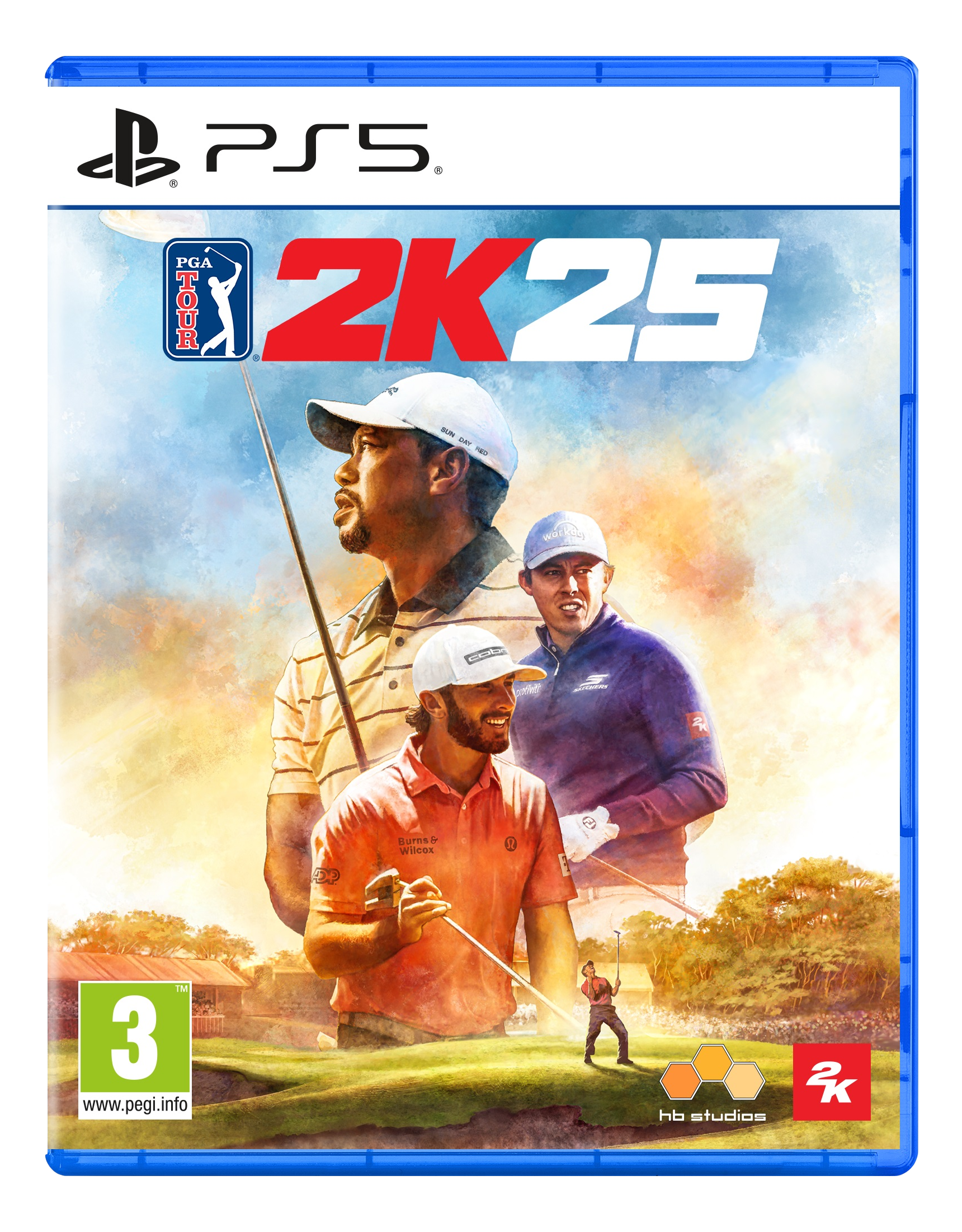 PS5-Spielcover: PGA Tour 2K25 mit Golfspielern, blauem und grünem Hintergrund, und Spieldetails.