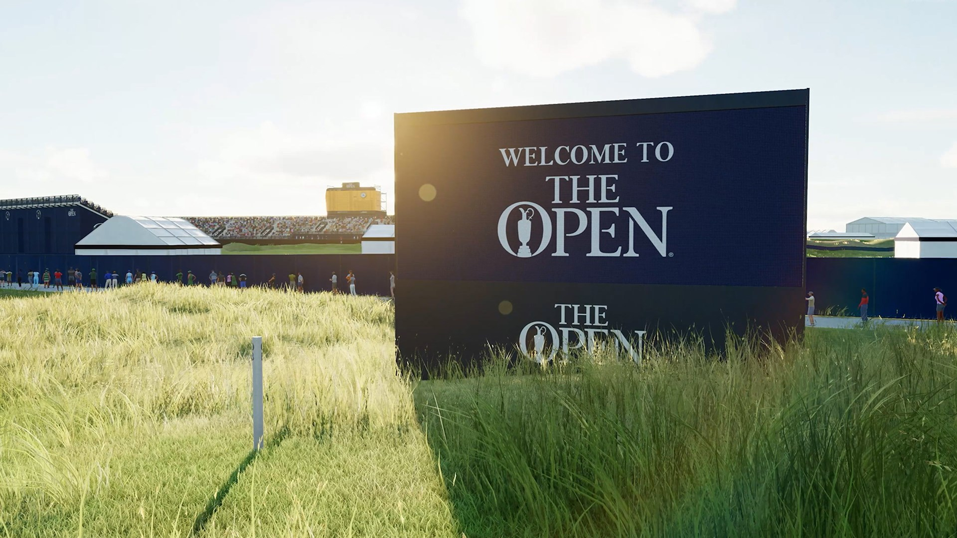 Ein Schild mit der Aufschrift 'Welcome to The Open' auf einem Golfplatz.