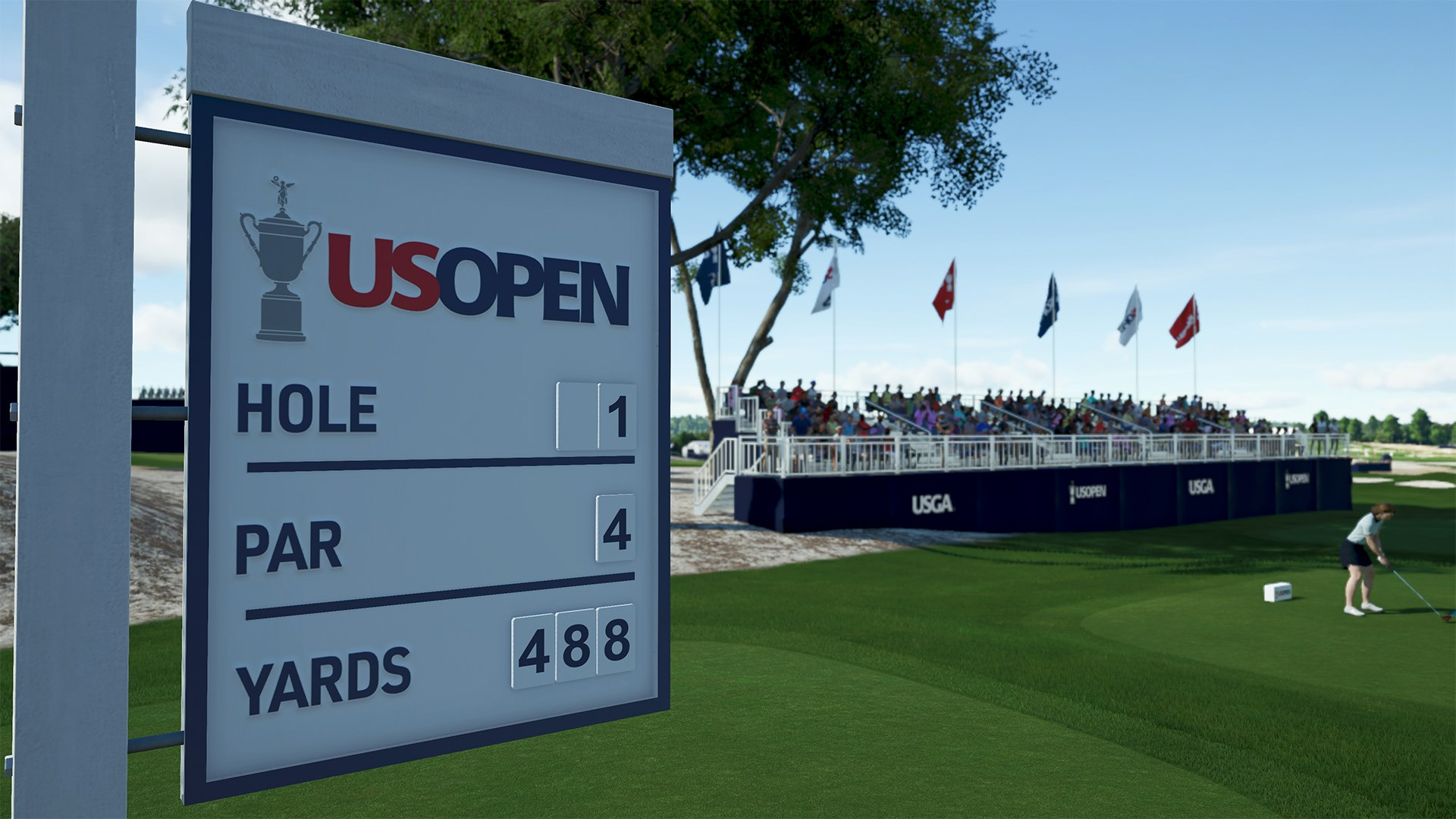 Anzeigetafel auf einem Golfplatz für die US Open, mit Personen im Hintergrund.
