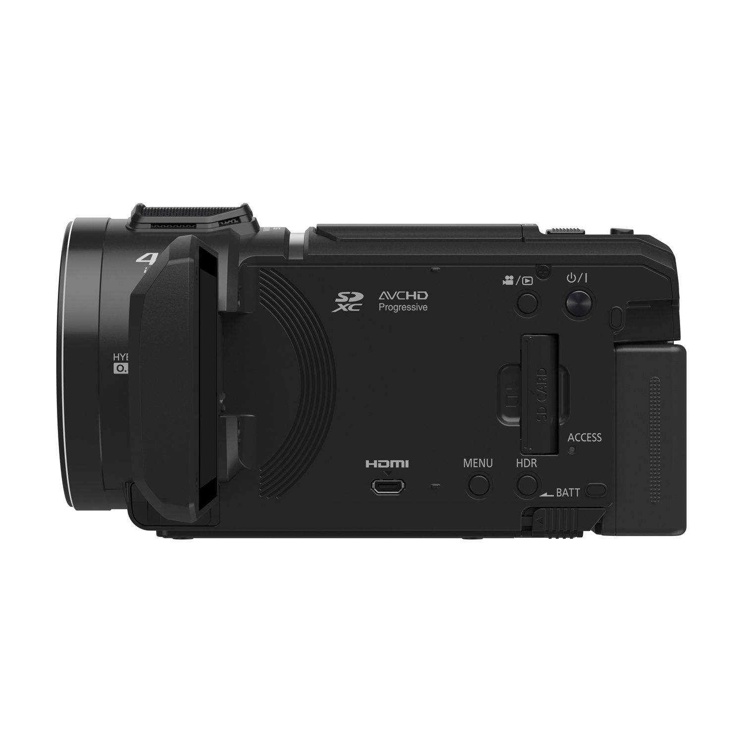 Videocamera nera con obiettivo, pulsanti e slot per scheda SD. Design moderno ed elegante.