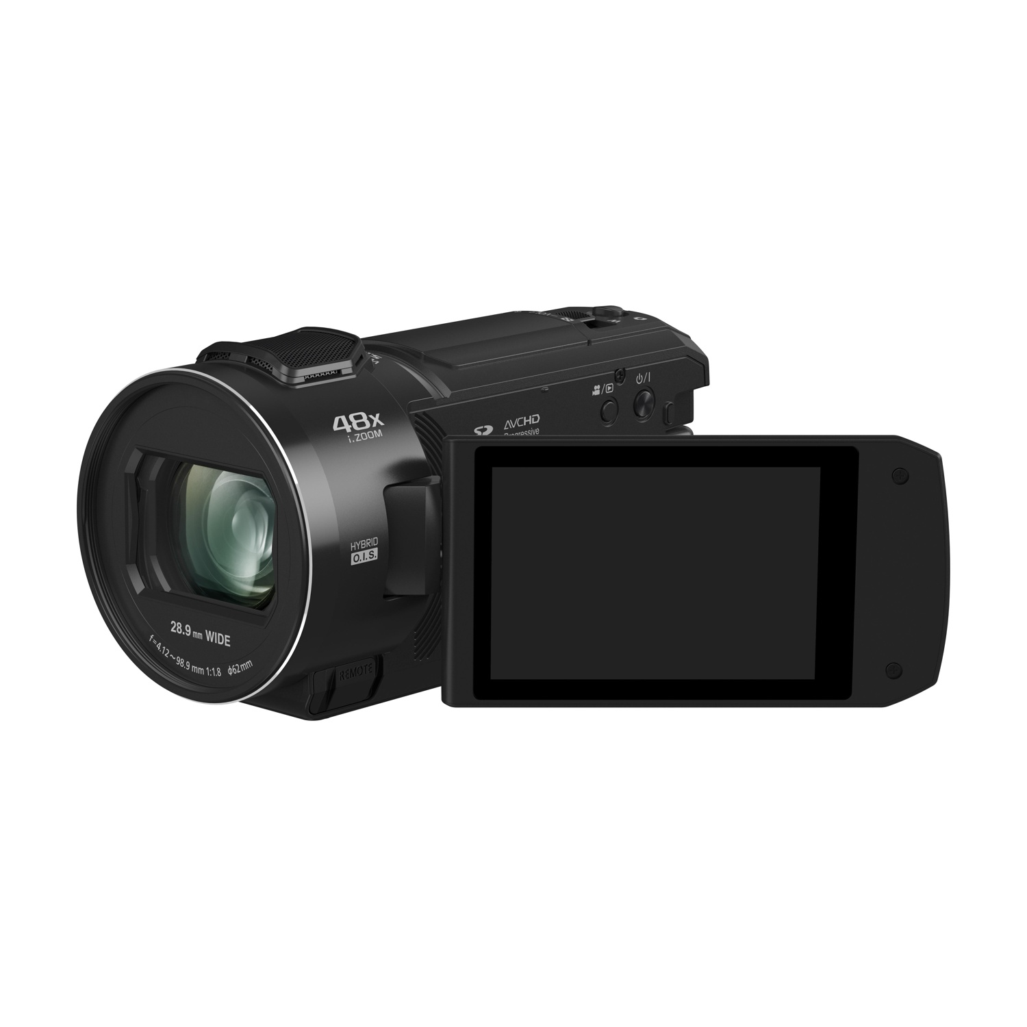 Videocamera nera con schermo orientabile, obiettivo grandangolare e vari pulsanti.