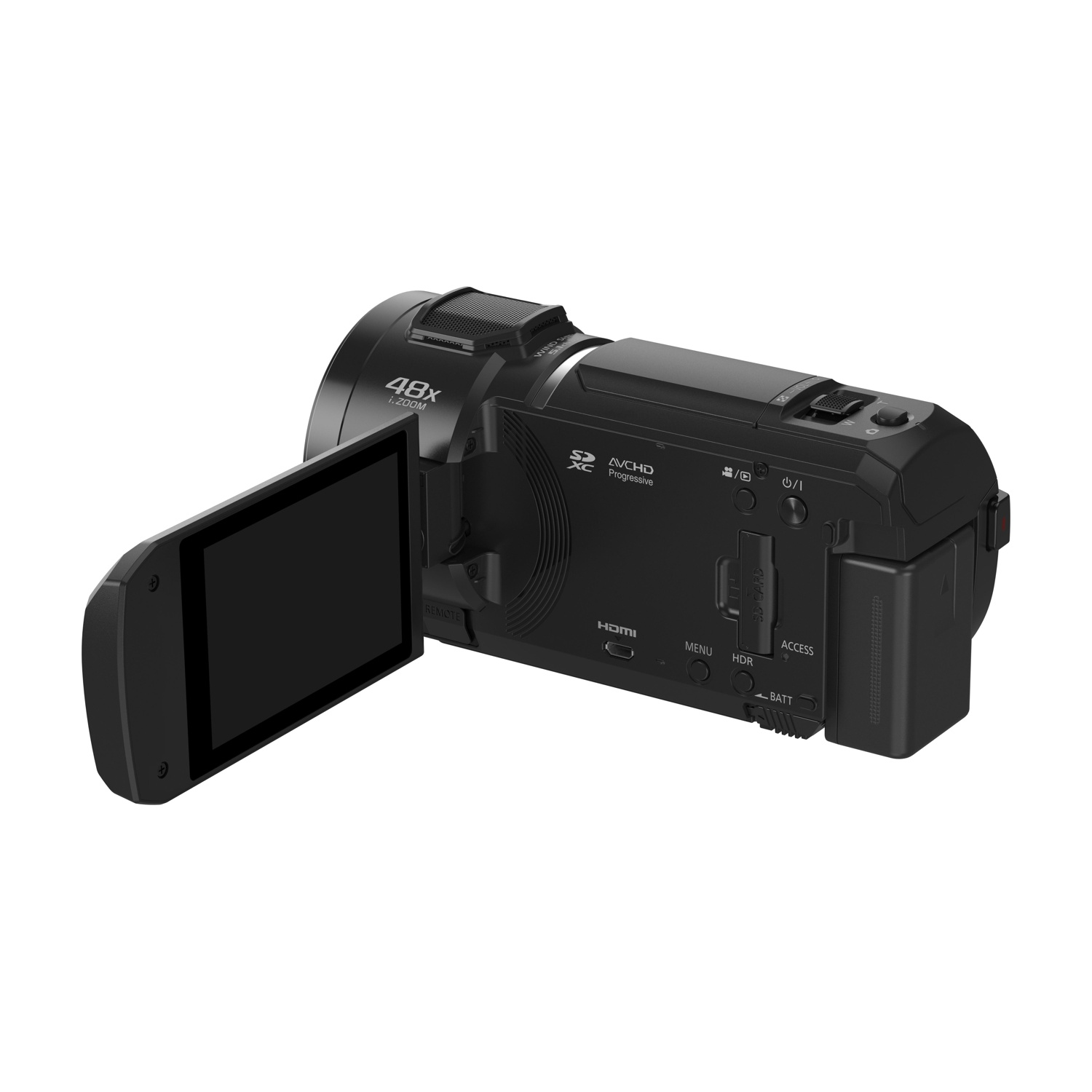 Una videocamera nera con lo schermo aperto e l'obiettivo rivolto verso lo spettatore.