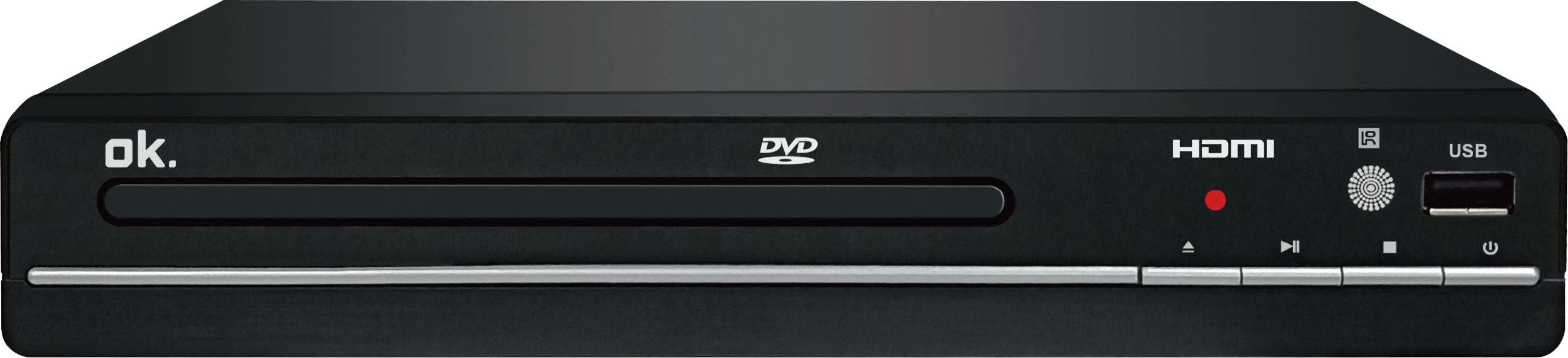 Fekete DVD-lejátszó gombokkal és USB-porttal. A márka 'ok.'.