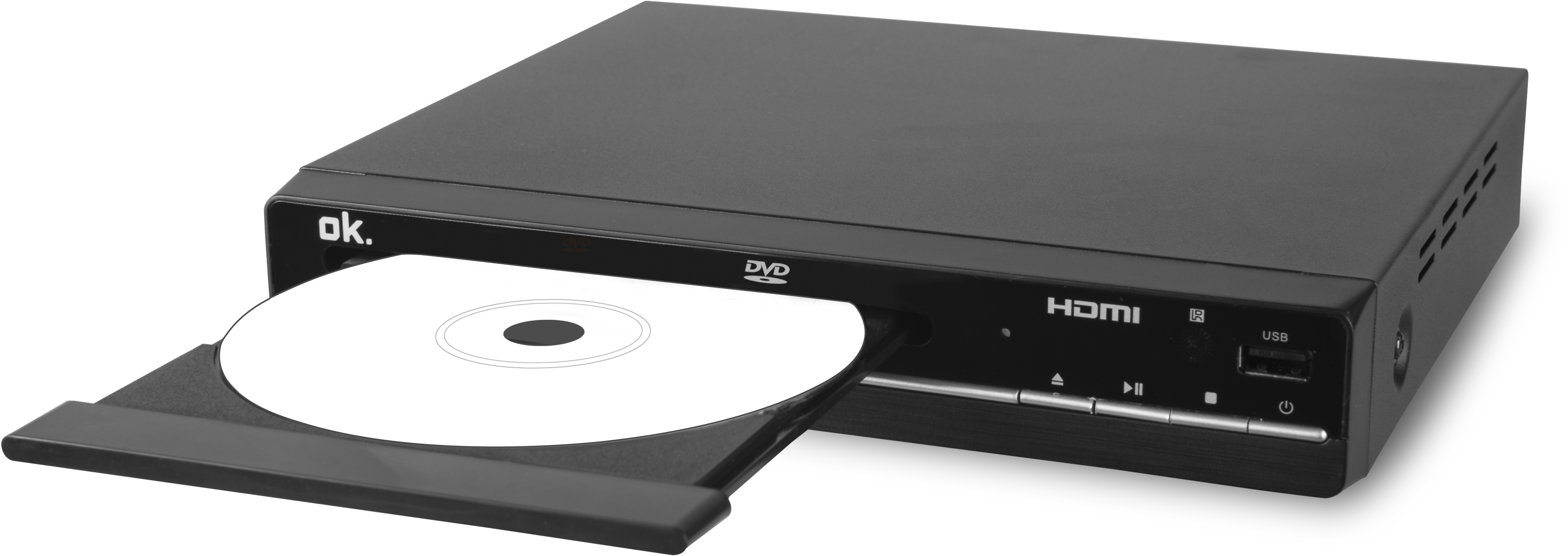 Fekete DVD-lejátszó lemezzel a tálcán, HDMI-porttal és USB-porttal. A tálca nyitva van.