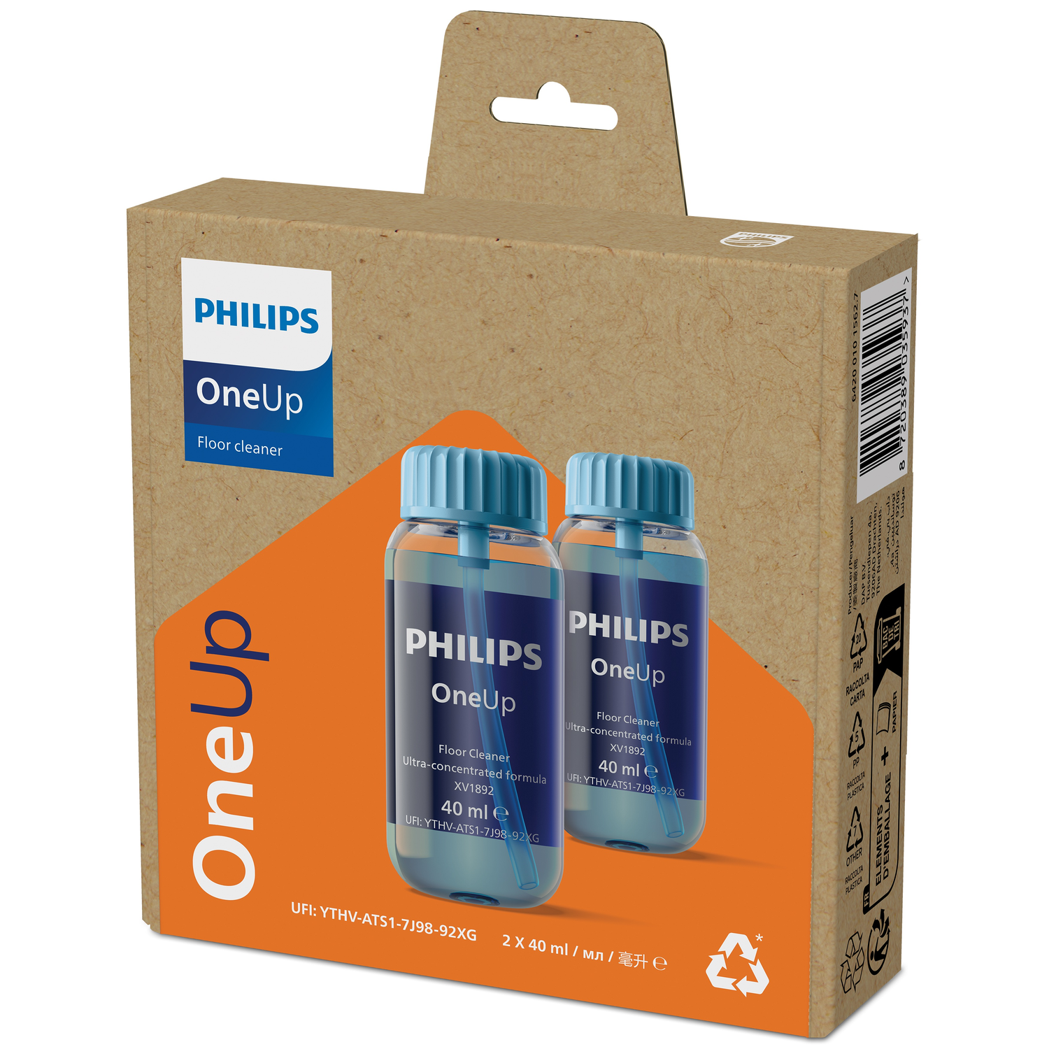 Doos met Philips OneUp vloerreinigerflessen.
