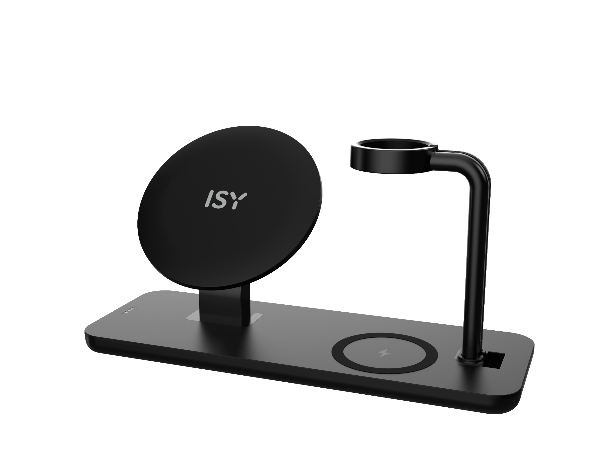 Schwarze kabellose Ladestation mit ISY-Logo. Hält Telefon und Uhr.