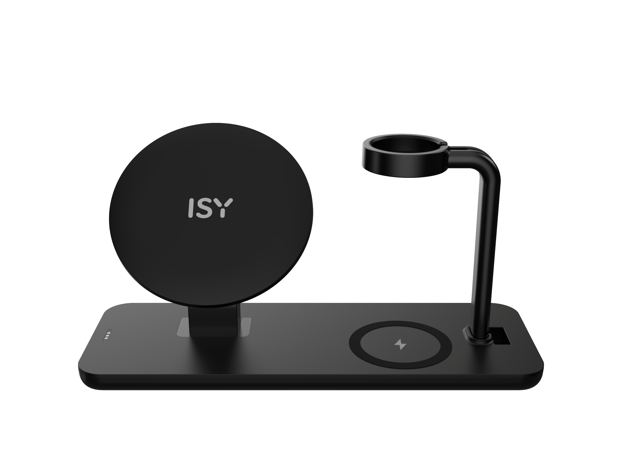 Schwarze kabellose Ladestation mit rundem Pad, Uhrenhalter und rechteckiger Basis. ISY-Logo sichtbar.