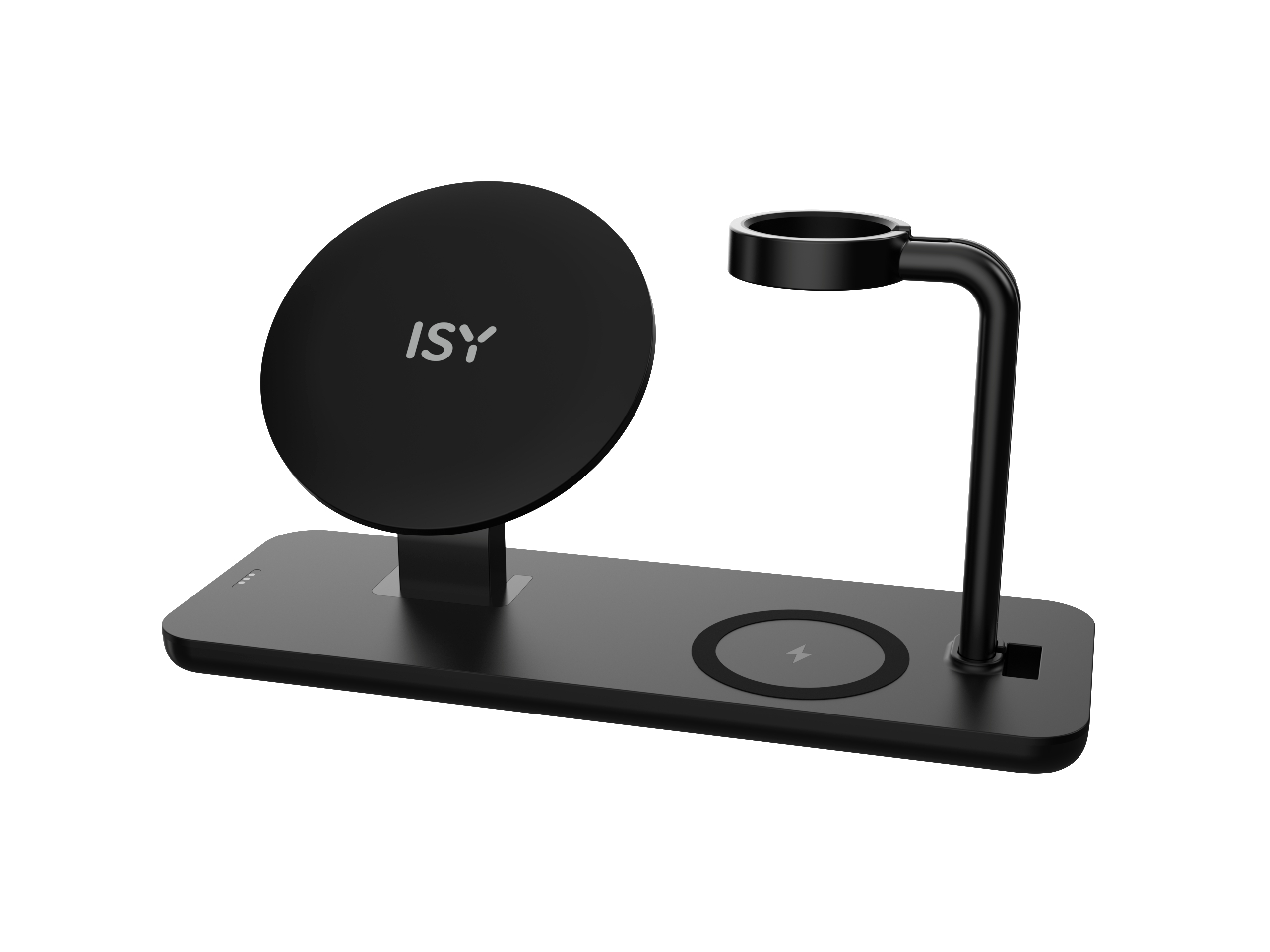 Eine schwarze Ladestation mit kreisförmigem Ladepad und Uhrenhalter.