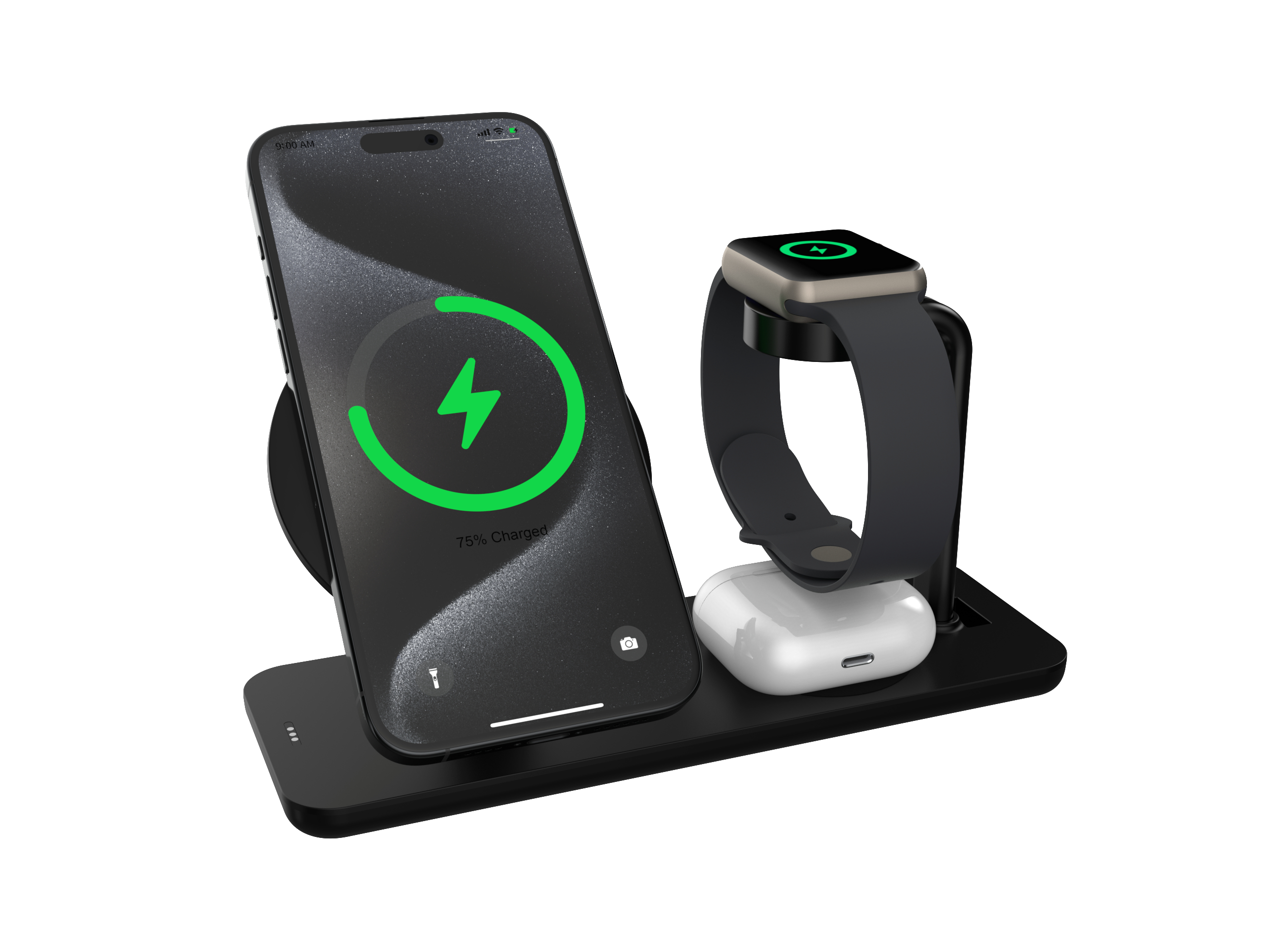 Ein Telefon, das auf einer schwarzen, kabellosen Ladestation geladen wird, mit Uhr und AirPods.