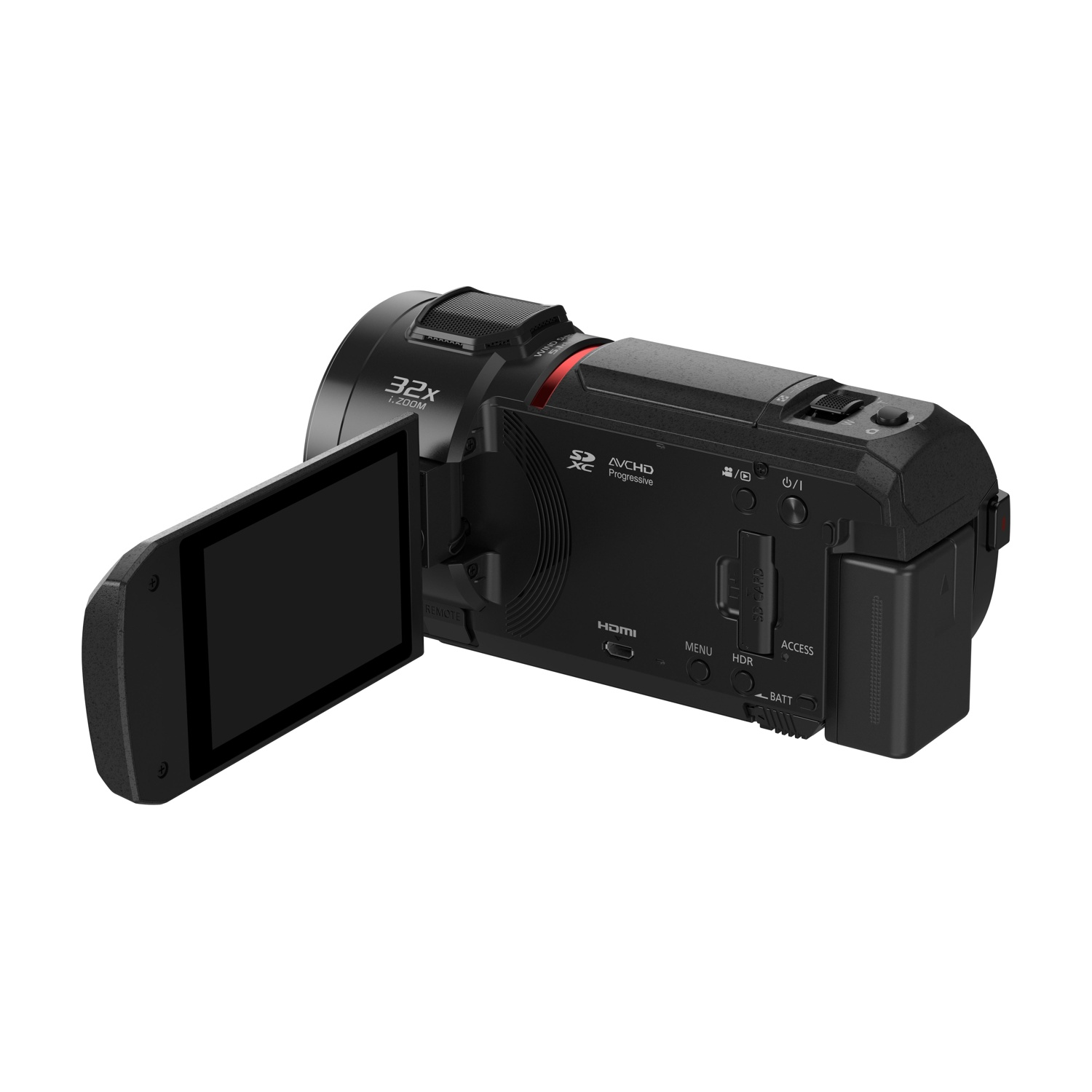 Videocamera nera con schermo aperto. Controlli, porte e dettagli visibili.