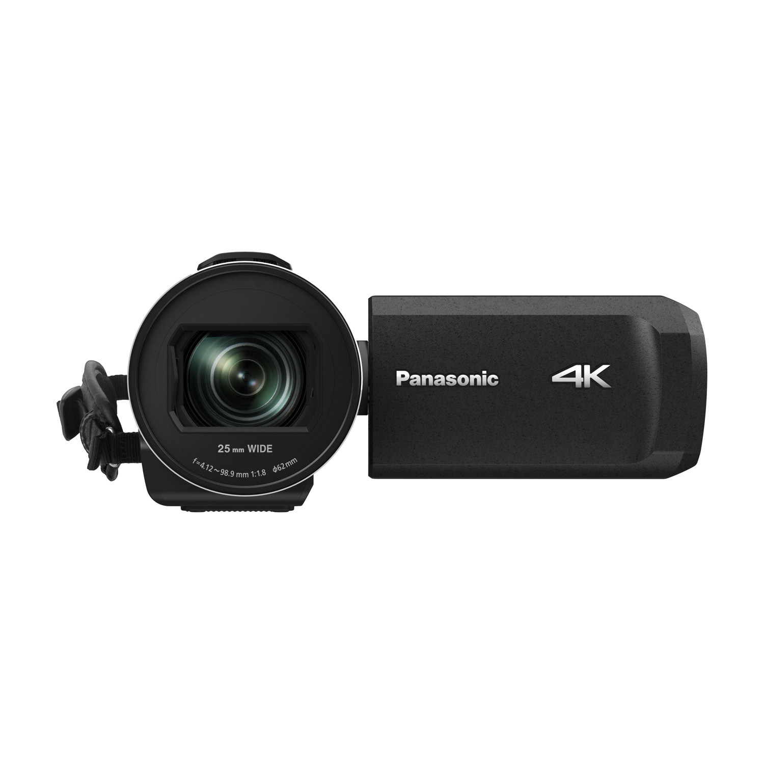 Una videocamera Panasonic 4K nera su sfondo bianco.