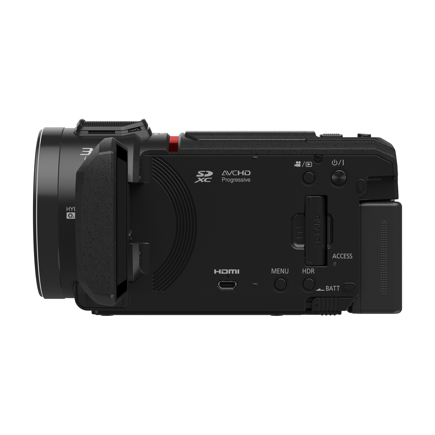Videocamera nera con varie porte e pulsanti, vista laterale.