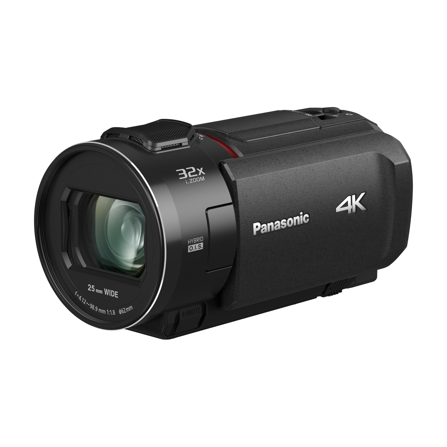 Videocamera 4K nera con obiettivo zoom e marchio Panasonic, vista laterale.
