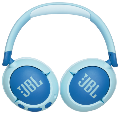 Niebieskie słuchawki z logo JBL. Białe tło.