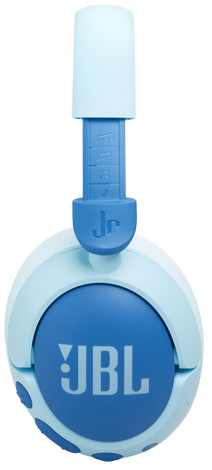 Niebieskie i jasnoniebieskie słuchawki dla dzieci. Logo JBL jest widoczne na nauszniku.