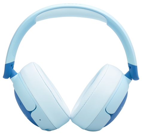 Para niebiesko-białych słuchawek. Słuchawki są otwarte i skierowane do widza. Tło jest białe.