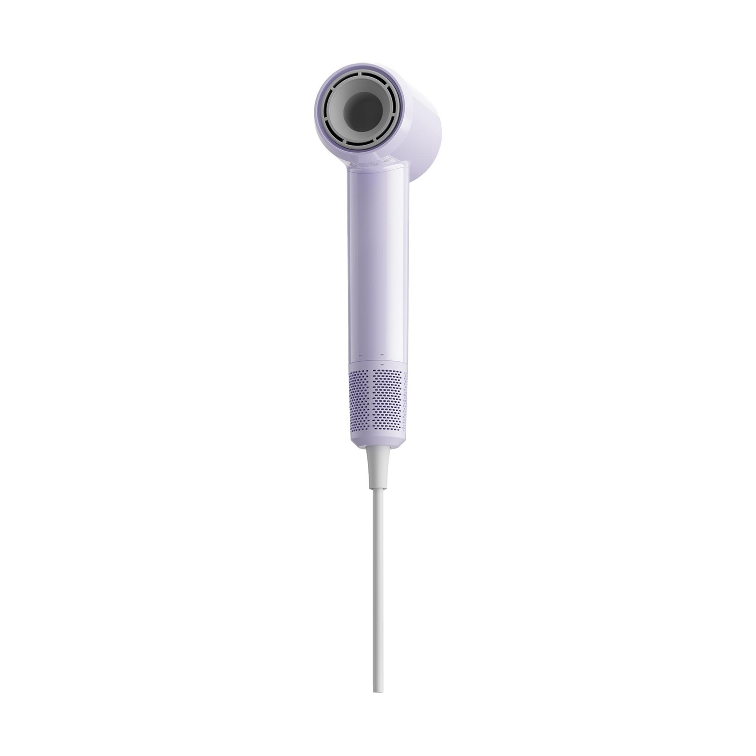 Uno sfondo bianco con un asciugacapelli viola. L'impugnatura è lunga e la testa è rotonda.