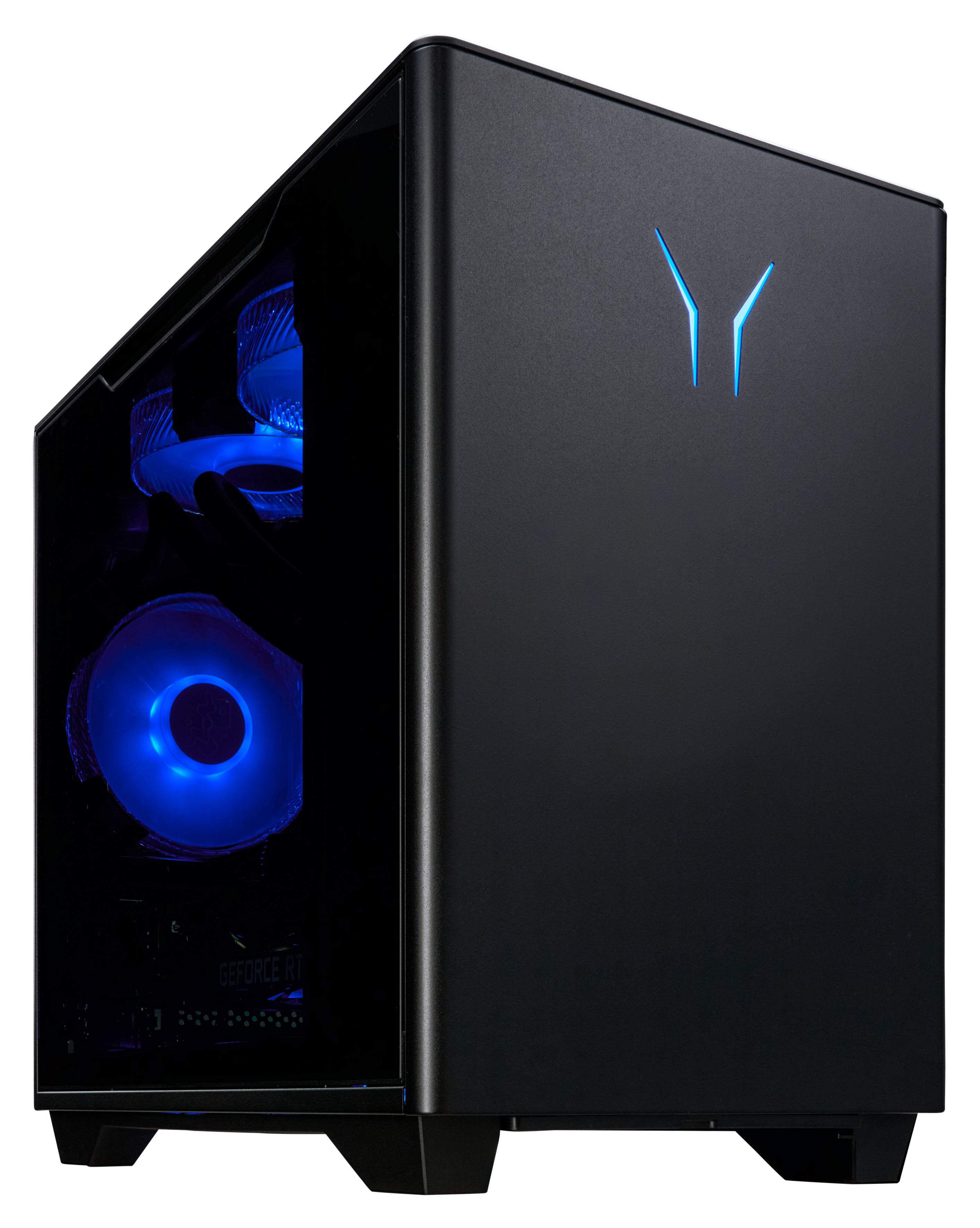Schwarzes Computergehäuse mit blau beleuchteten Lüftern und Akzenten. Seitenwand ist transparent.