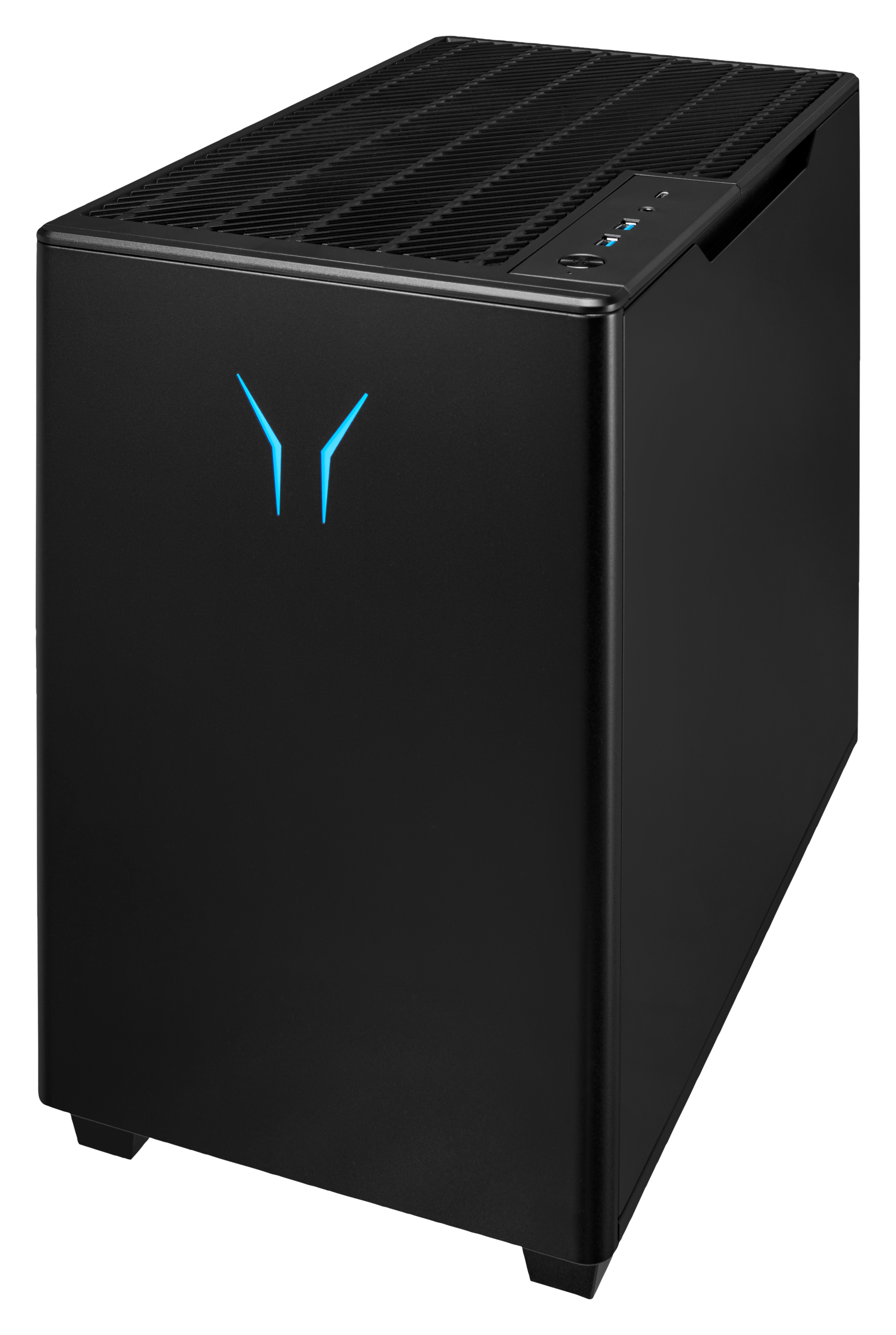 Schwarzes Computergehäuse mit blauem beleuchtetem Logo und schlankem Design.